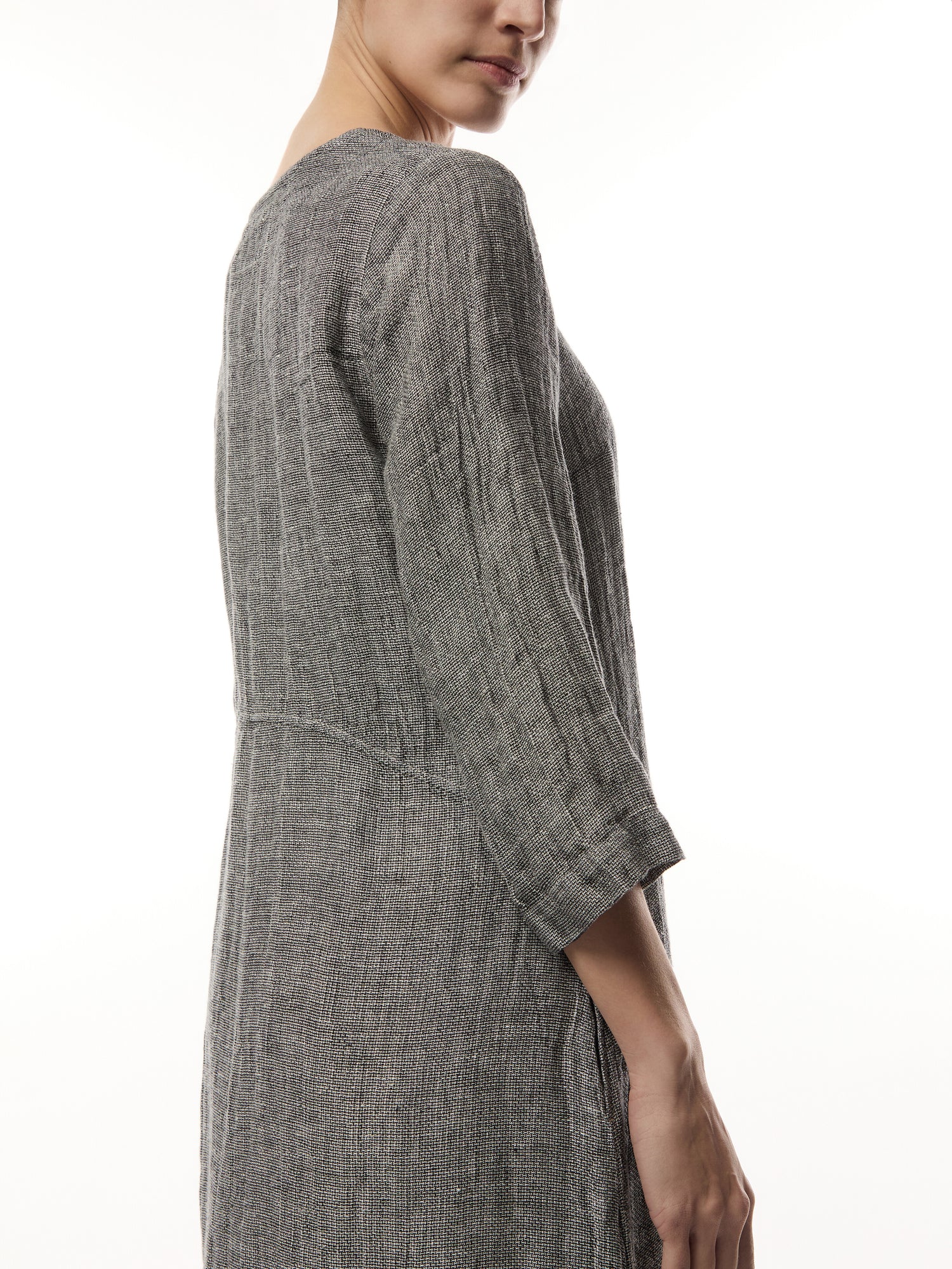 Long Sleeve Dropped Hem Tweed Linen Dress