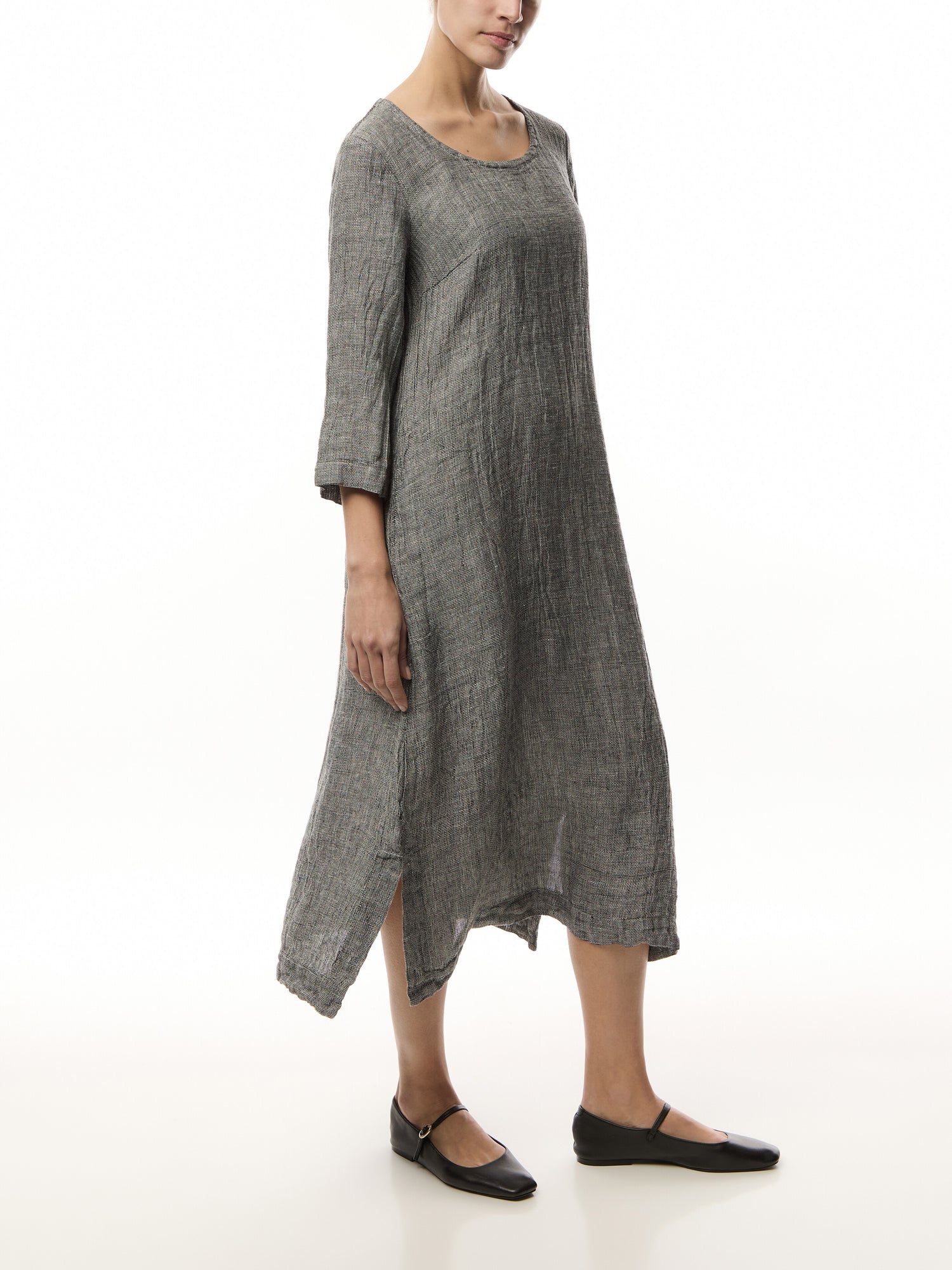 Long Sleeve Dropped Hem Tweed Linen Dress