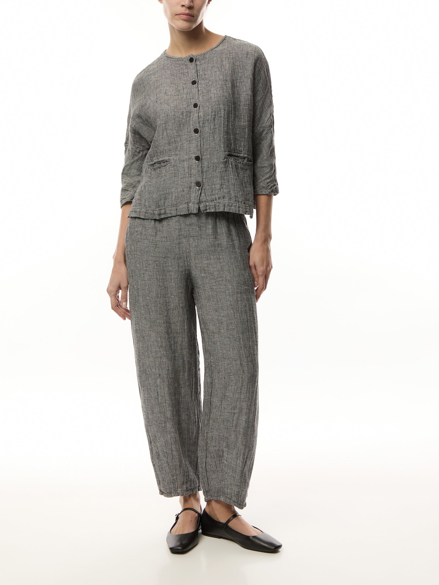 Collar Less Cropped Round Neck Tweed Linen Jacket