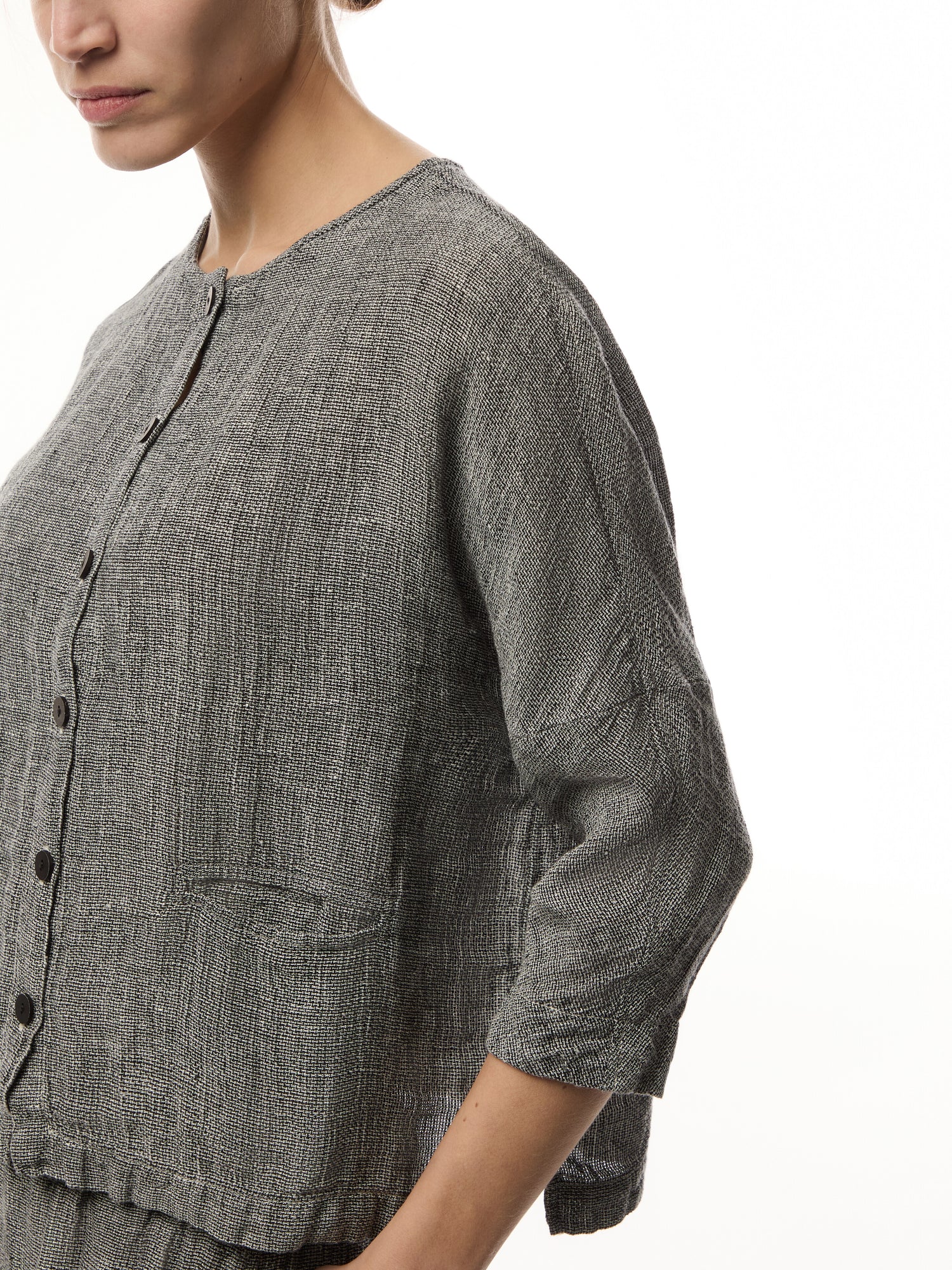 Collar Less Cropped Round Neck Tweed Linen Jacket