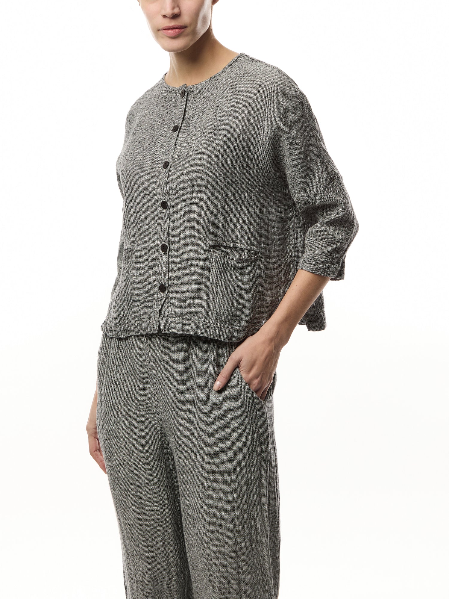 Collar Less Cropped Round Neck Tweed Linen Jacket