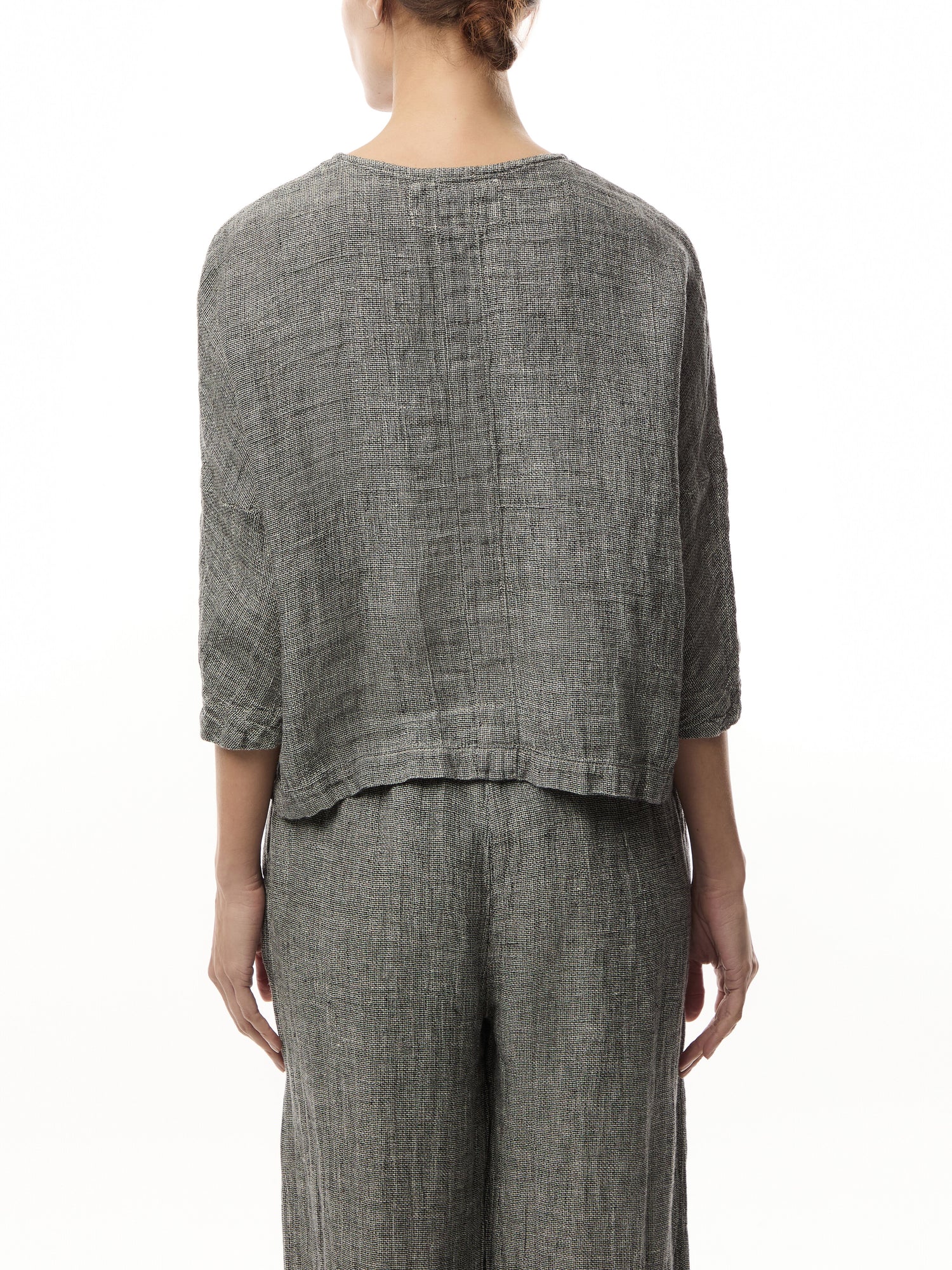 Collar Less Cropped Round Neck Tweed Linen Jacket