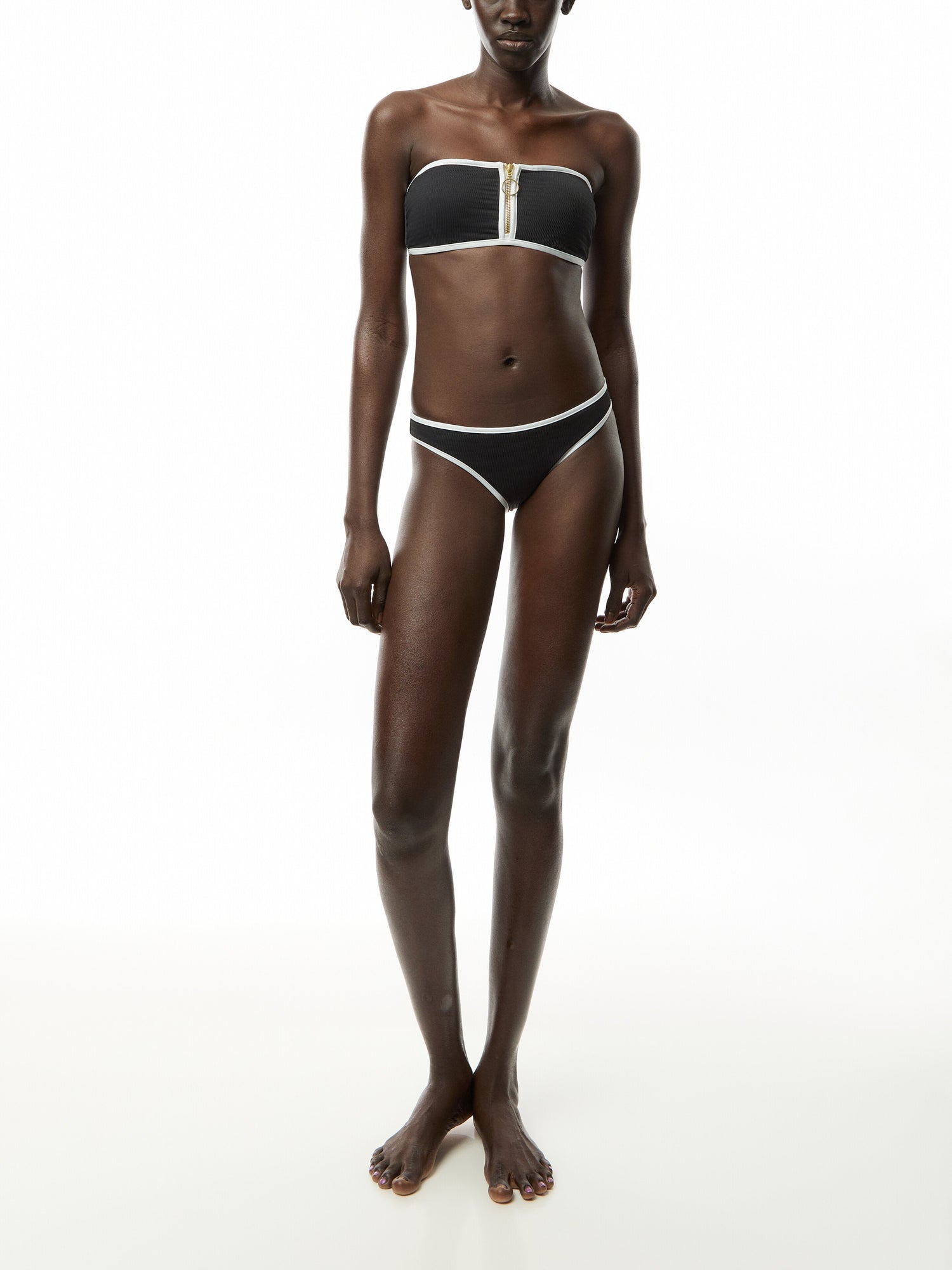Zip Front Bandeau Black Solid Bikini Top