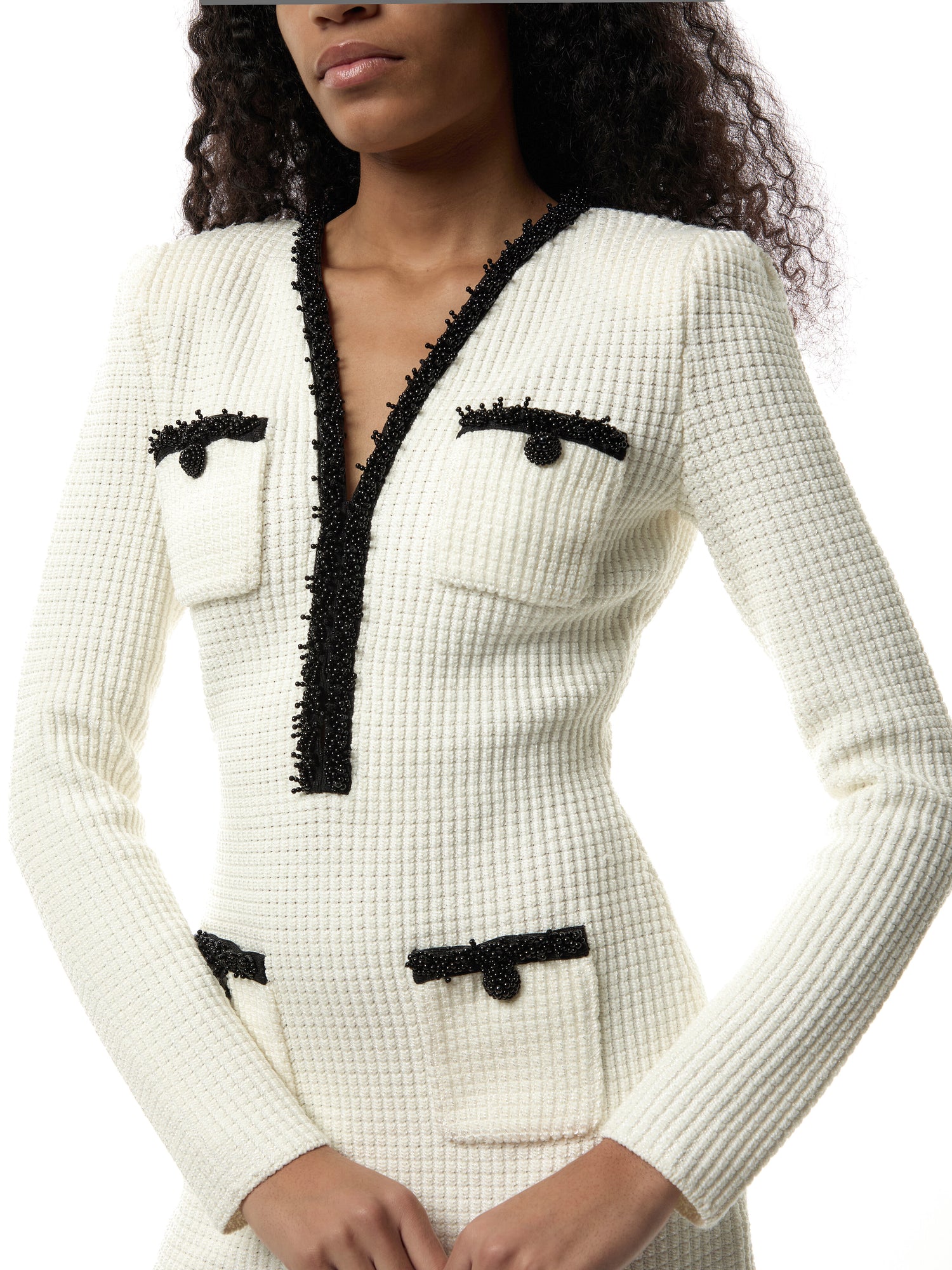 White Pearl Trim Knit Mini Dress