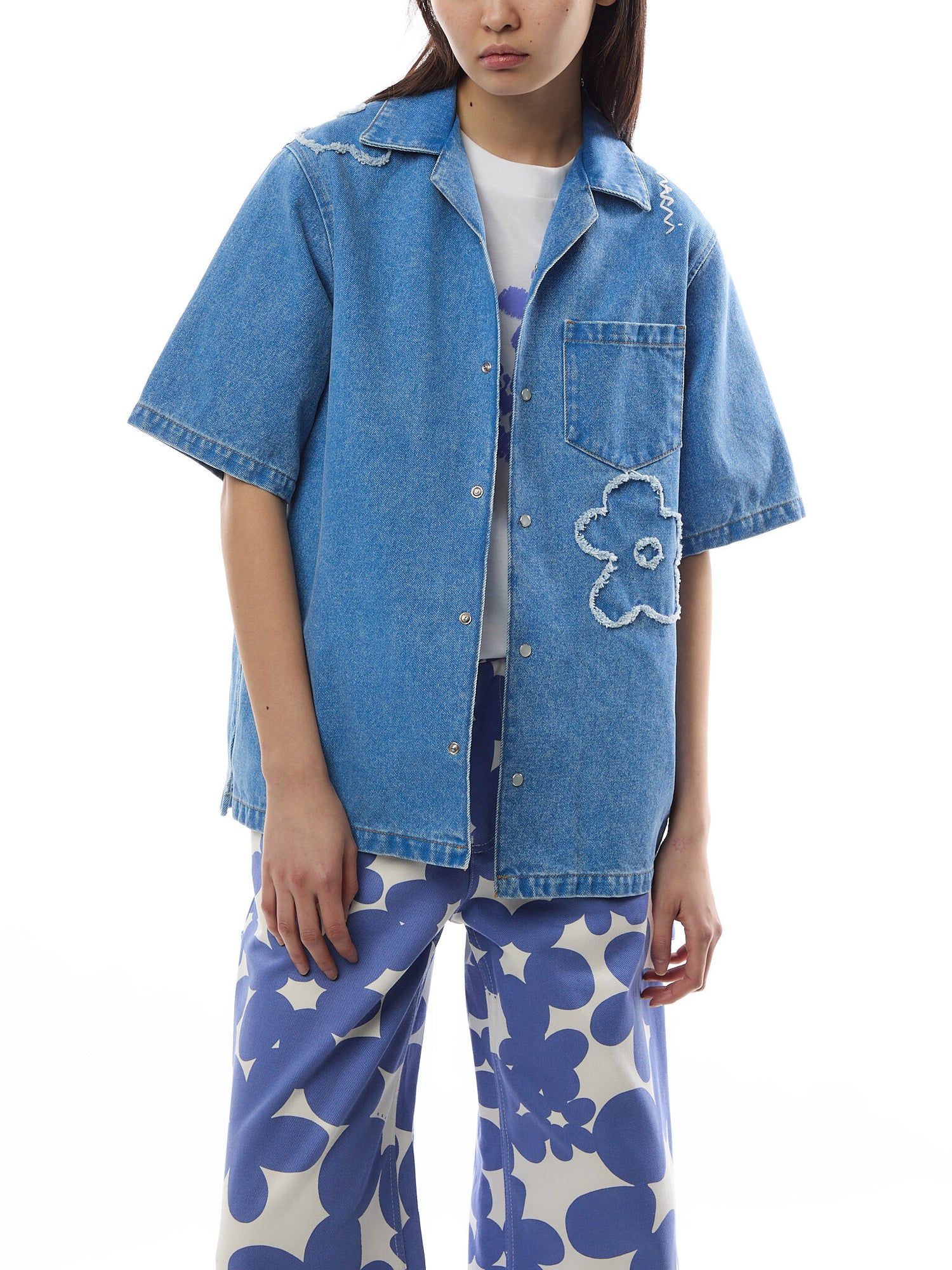 Marni Short Sleeve Denim Shirt with Floral Embroidery