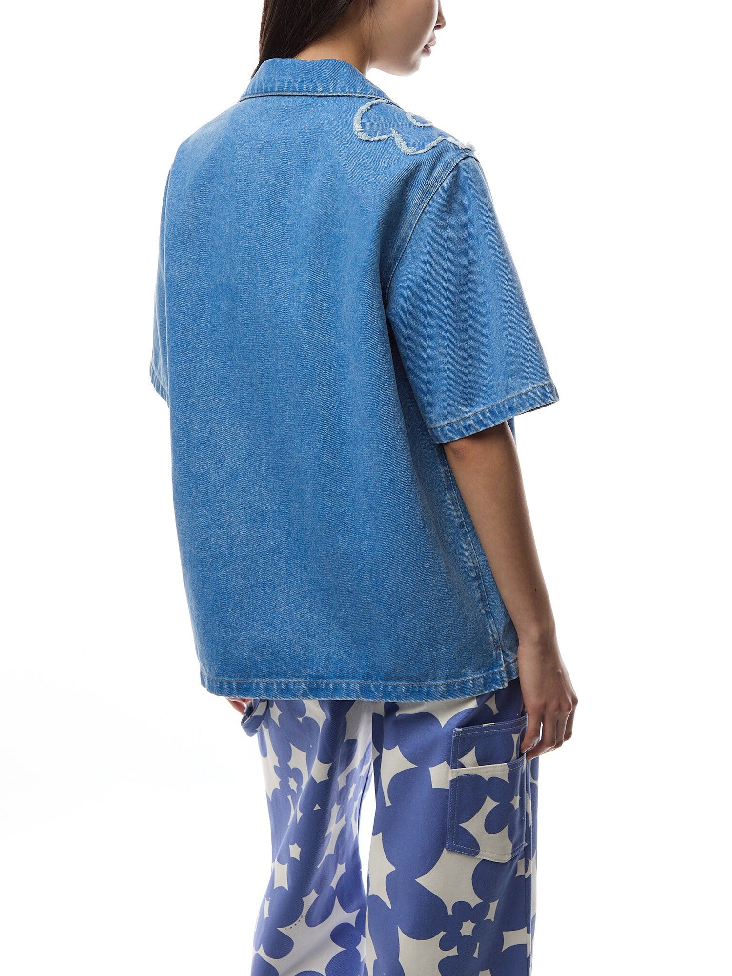 Marni Short Sleeve Denim Shirt with Floral Embroidery