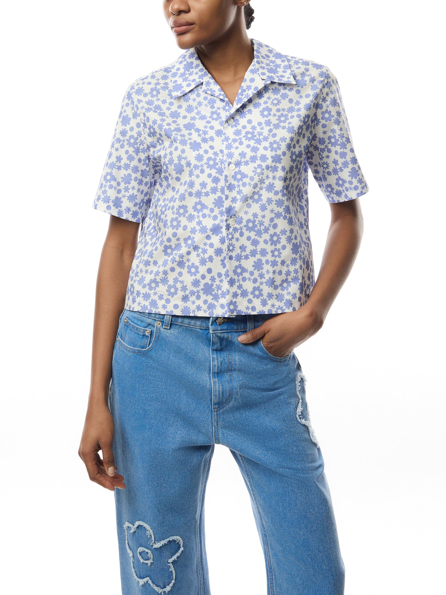 Poplin Bowling Shirt with Blue and White Pop Fields Motif