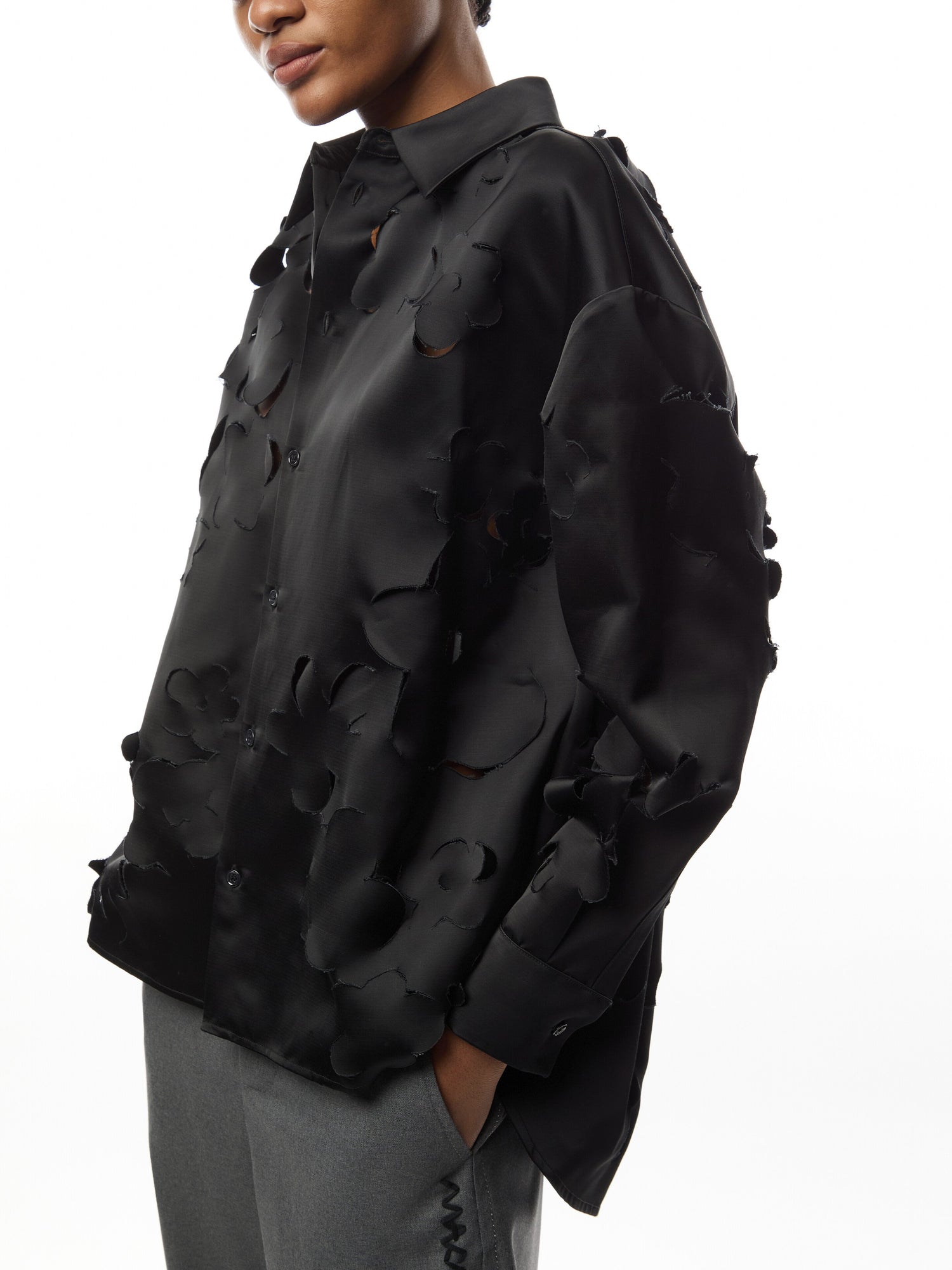Black duchess satin shirt with cut out detail
