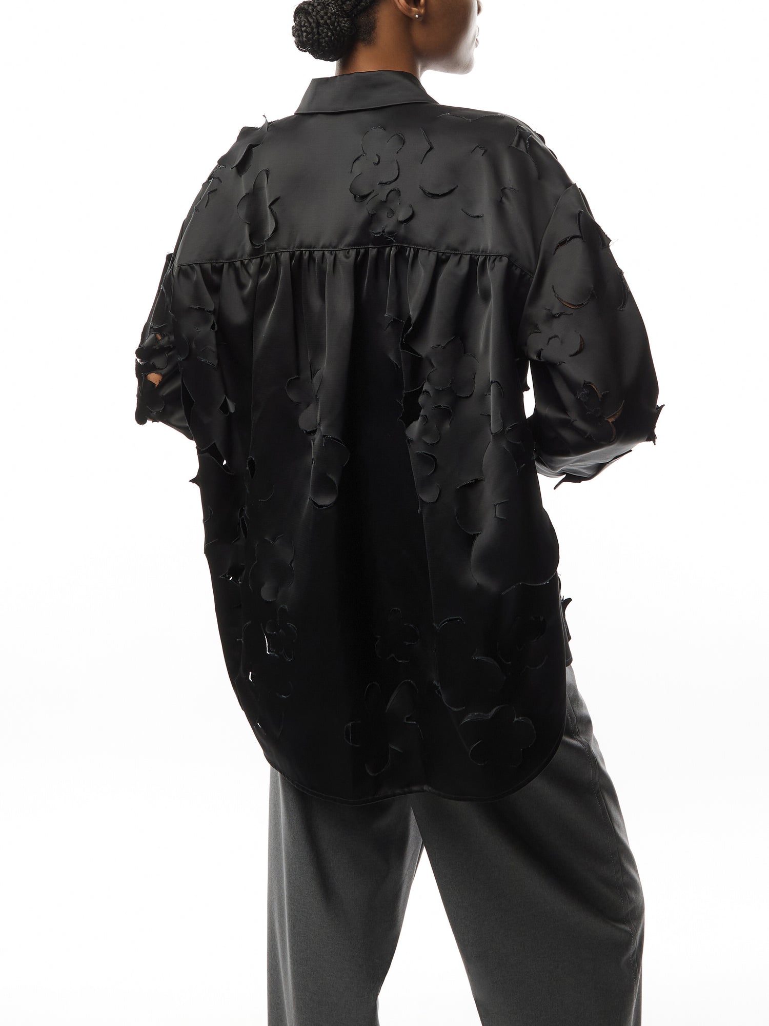 Black duchess satin shirt with cut out detail