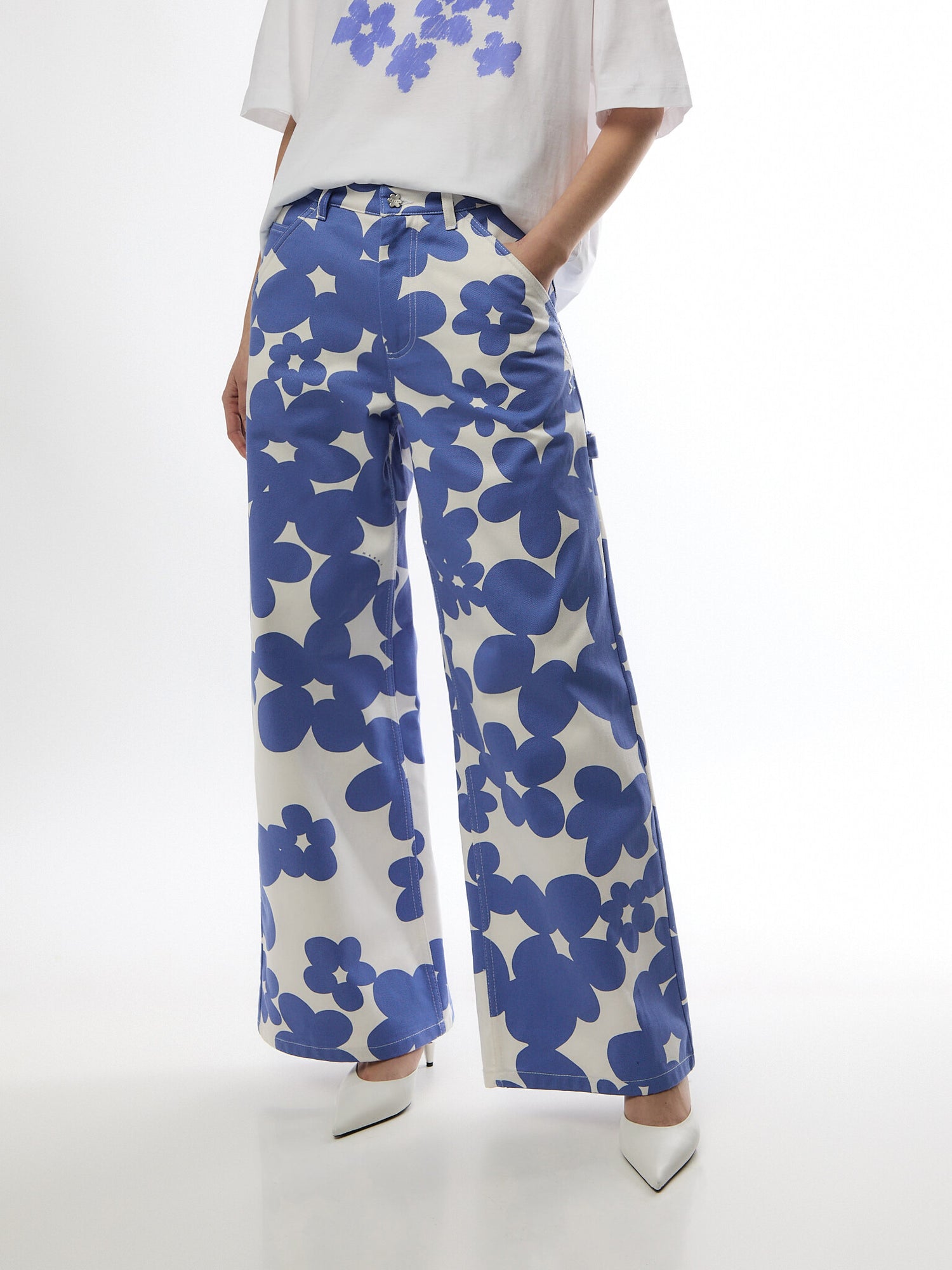 Marni Denim Wide Leg Trousers with Floral Print