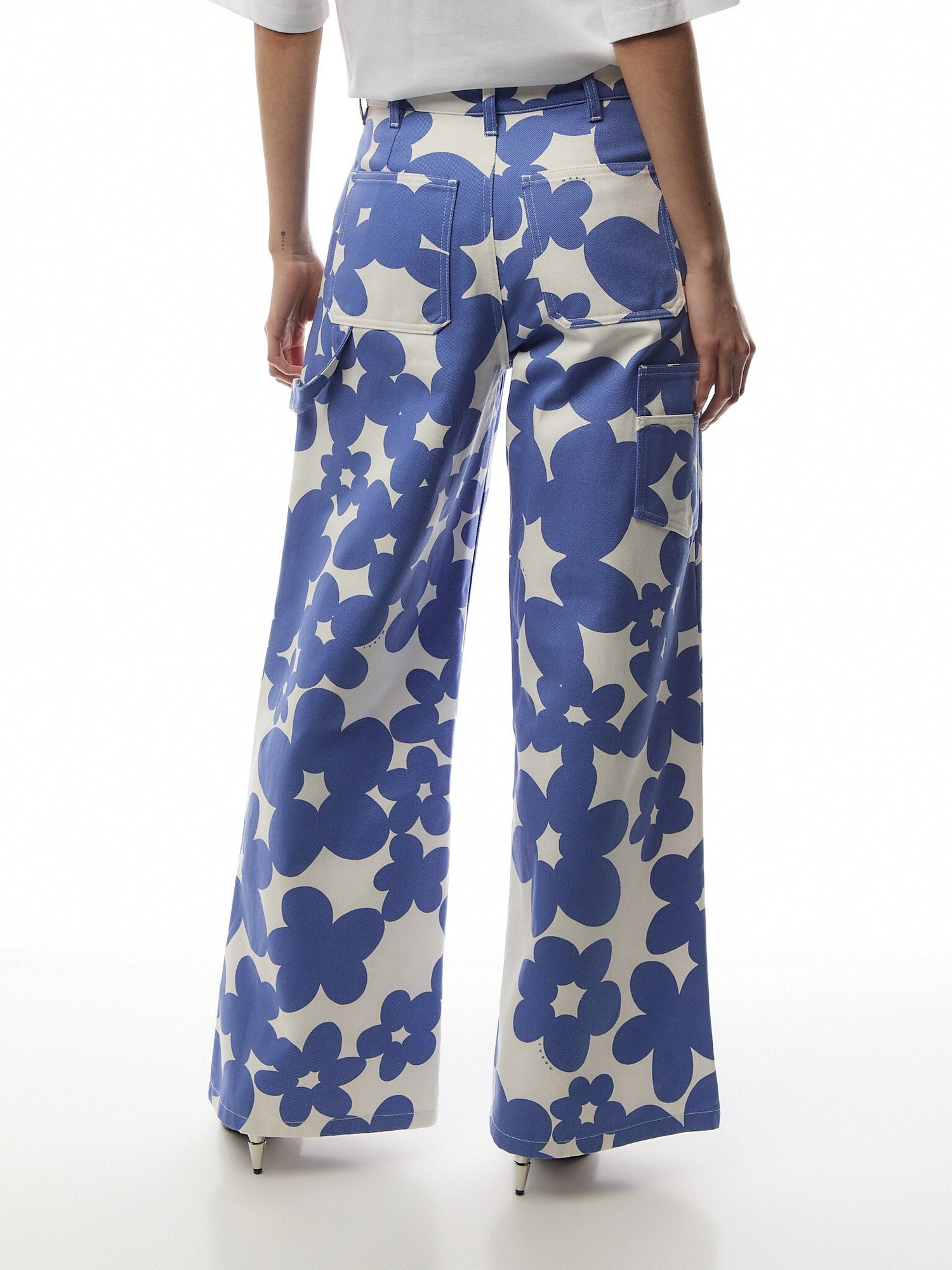 Marni Denim Wide Leg Trousers with Floral Print