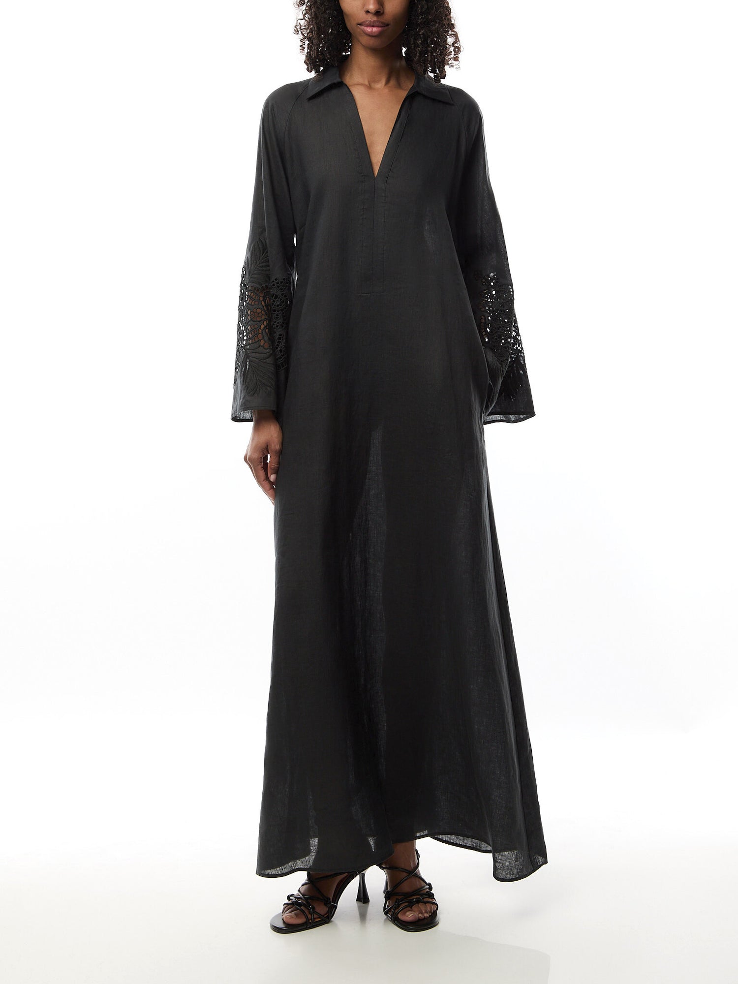 Strano Linen V Neck Kaftan Maxi Black