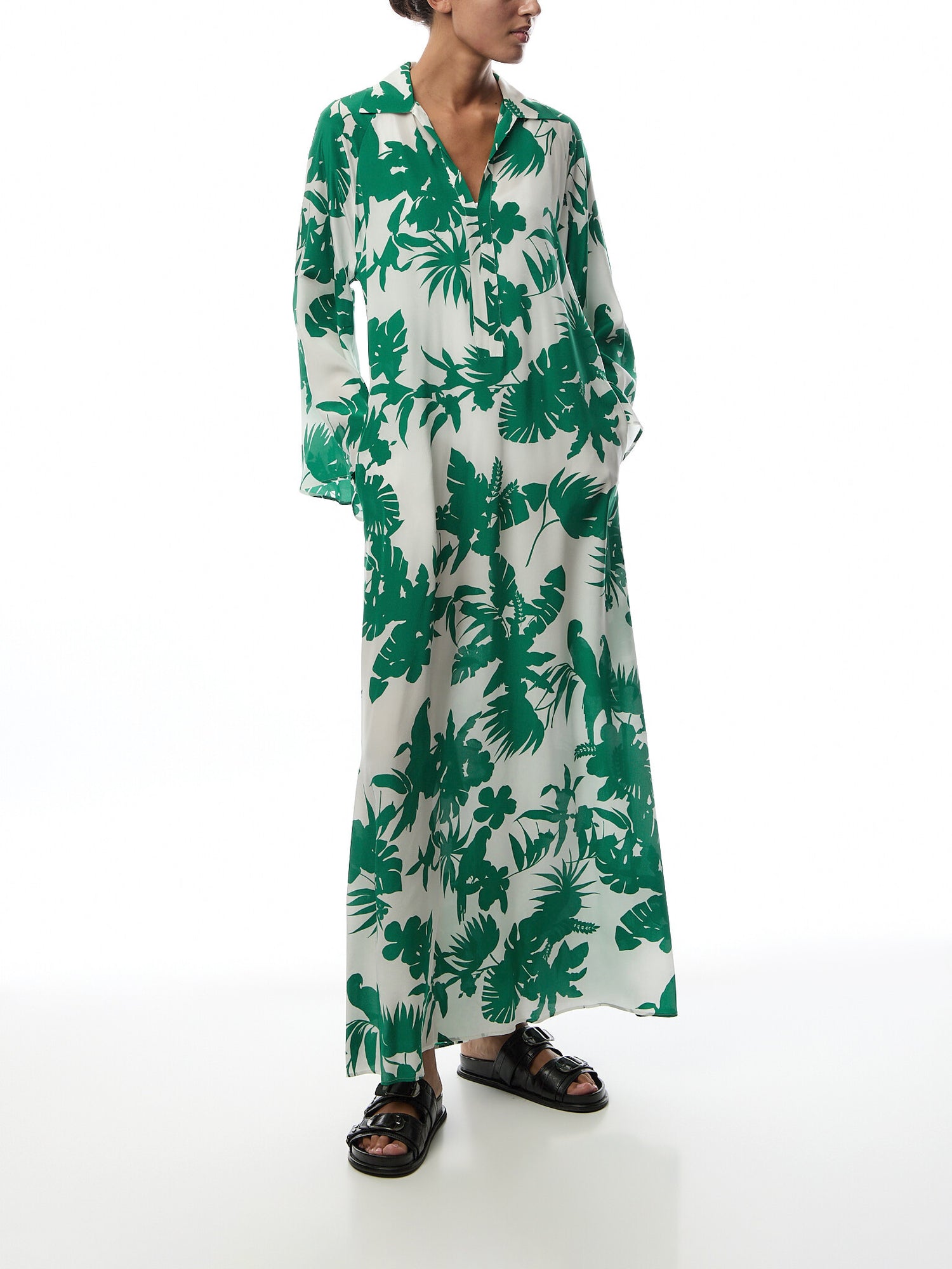 Livrea Vneck Kaftan Maxi Green Parrot Print