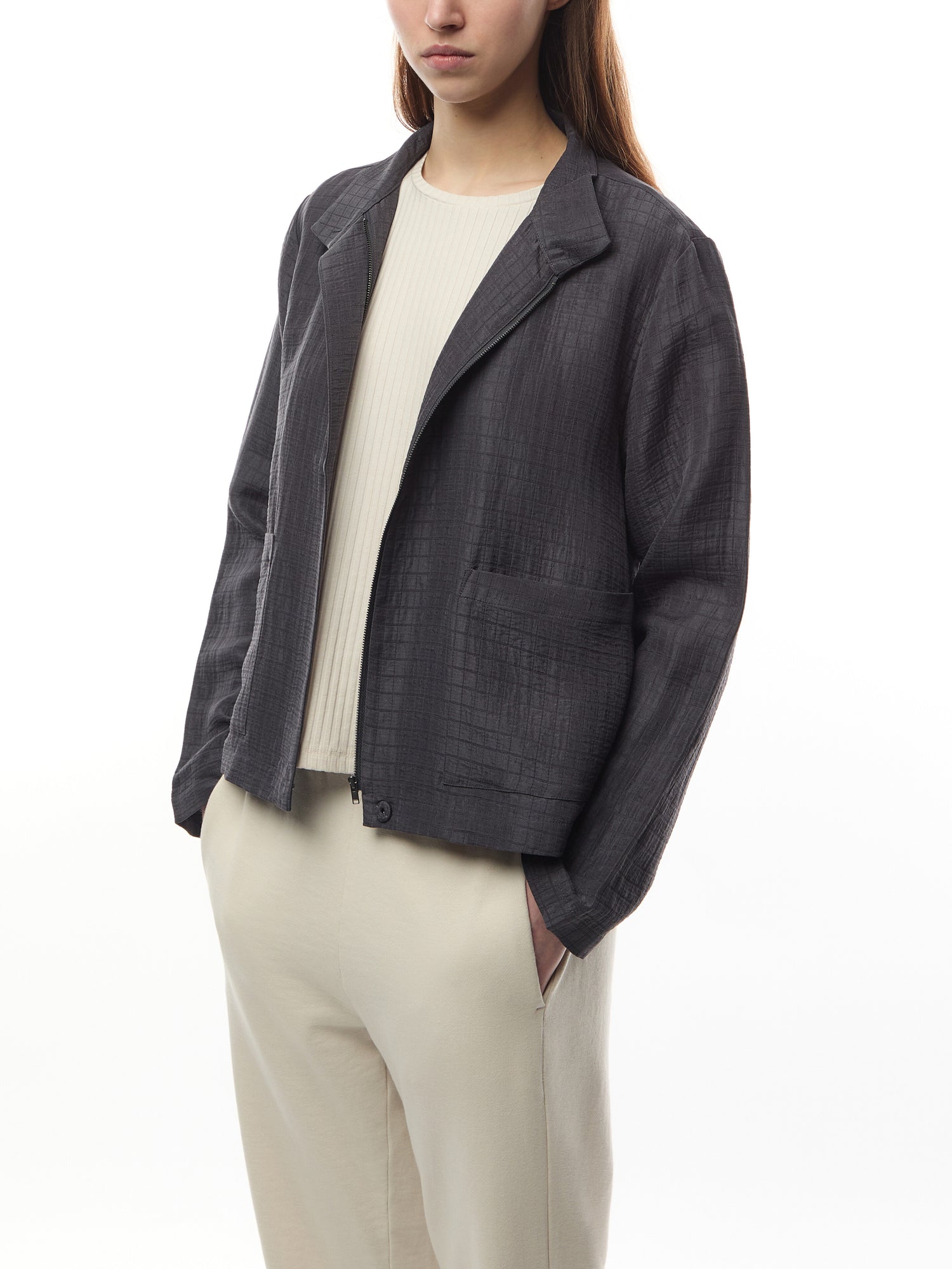 Silk Linen Box Stand Collar Jacket