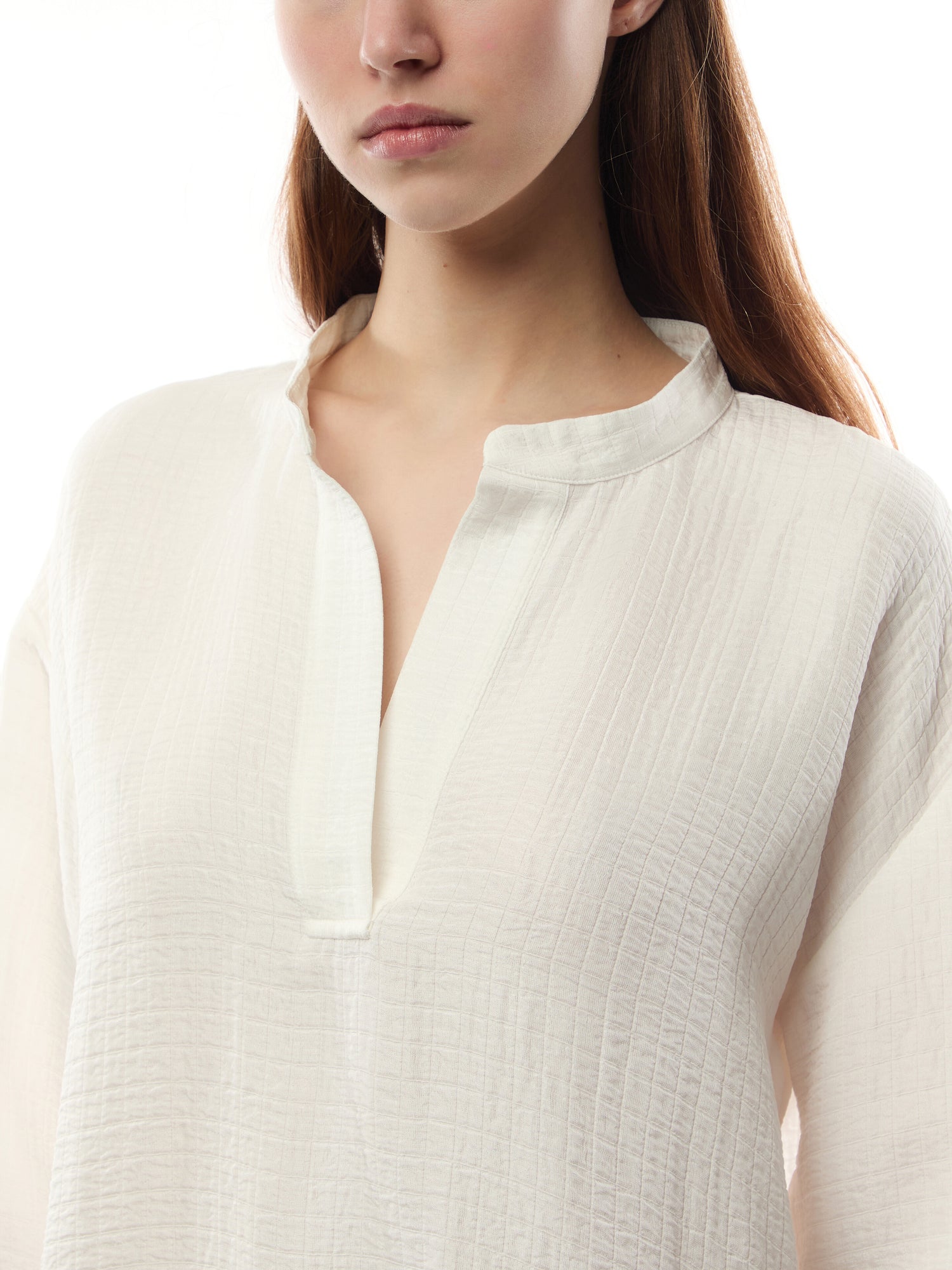 Silk Linen Box Band Collar Top
