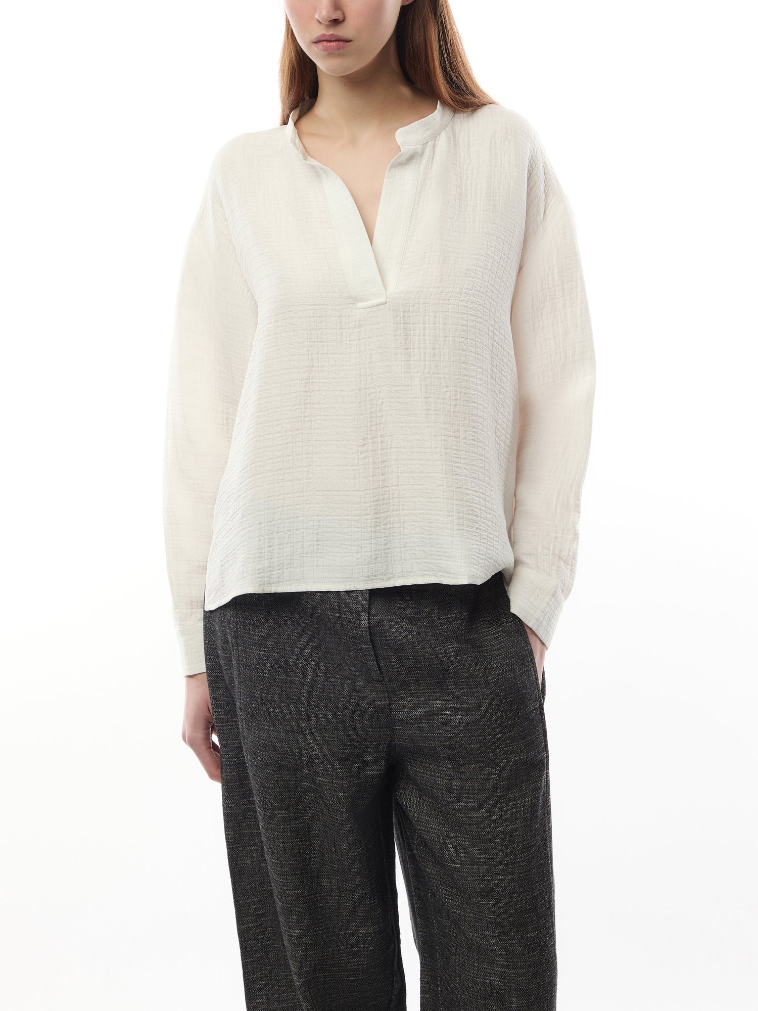 Silk Linen Box Band Collar Top