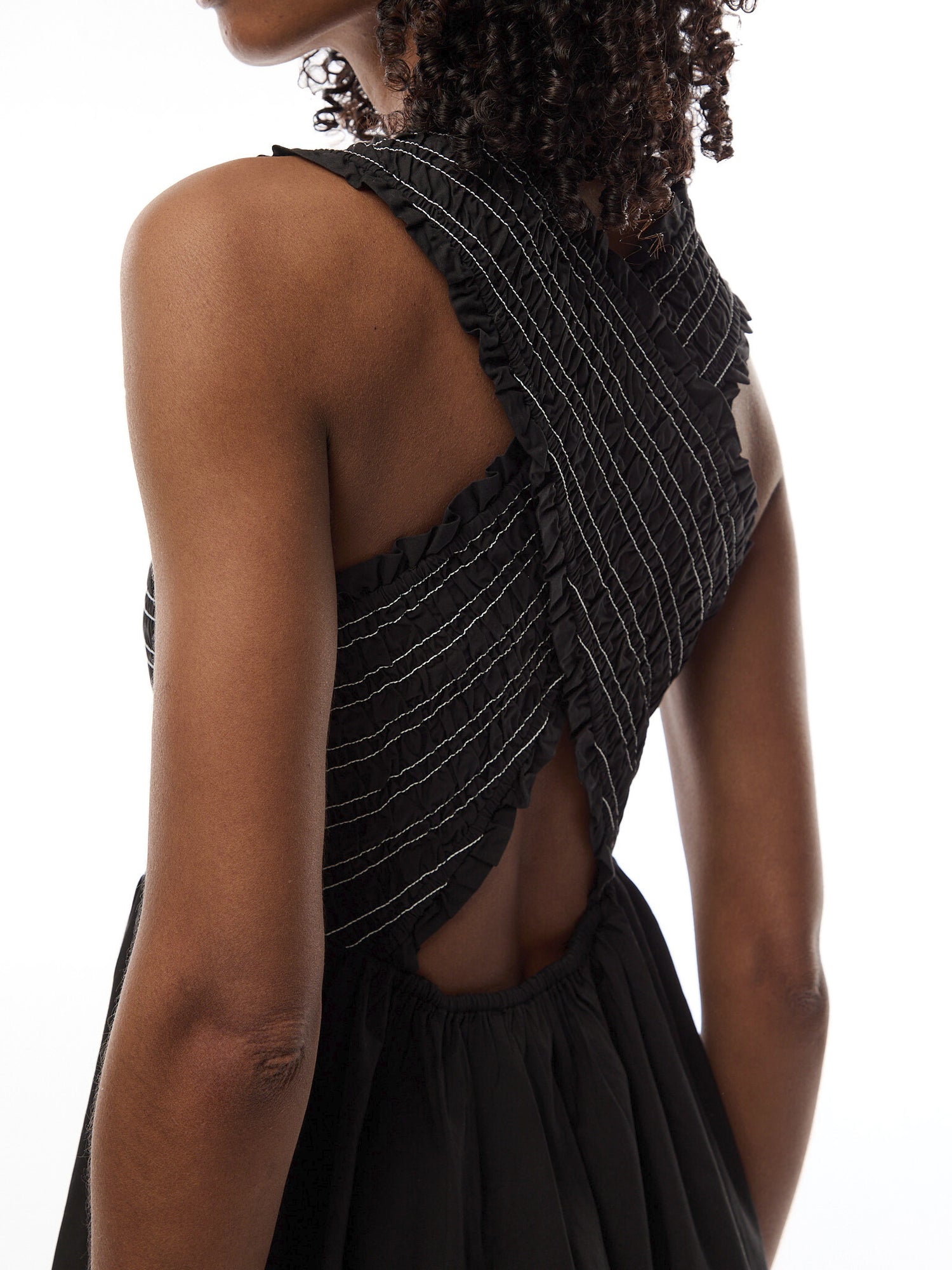 Washed Stretch Cotton Smock Midi Straps Dress