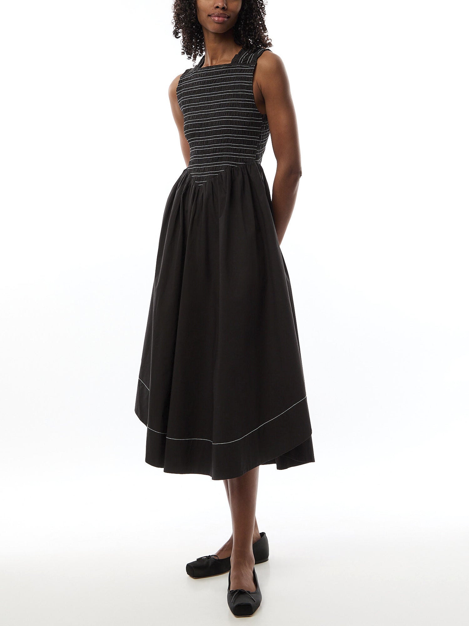 Washed Stretch Cotton Smock Midi Straps Dress