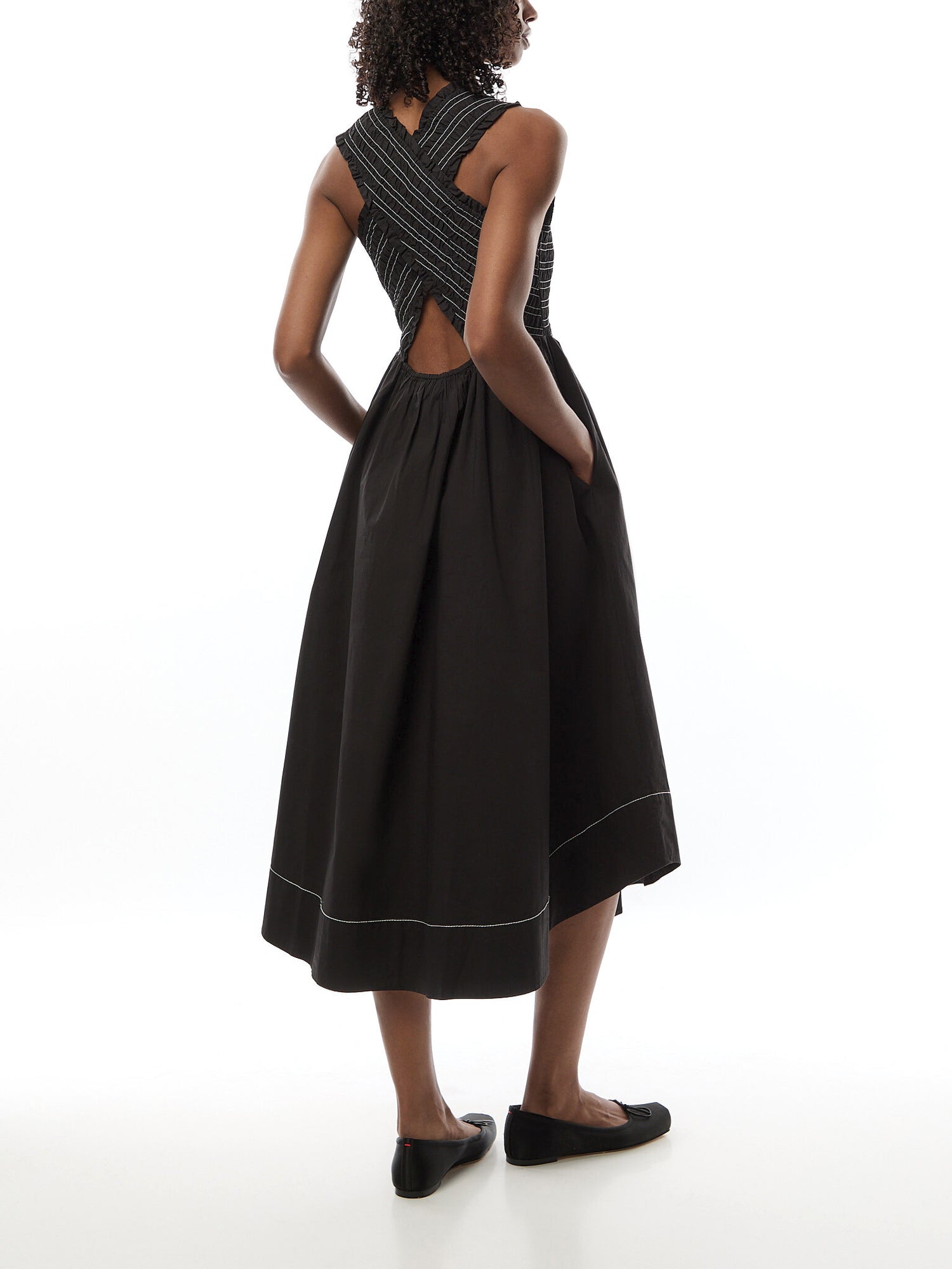 Washed Stretch Cotton Smock Midi Straps Dress
