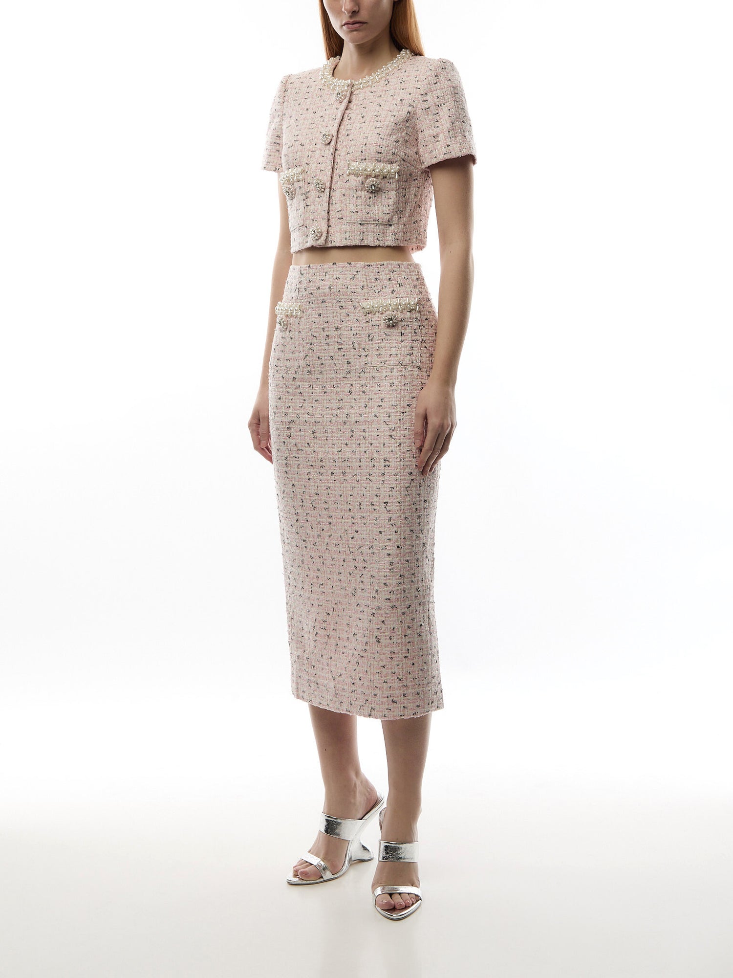 Pink Boucle Pearl Midi Skirt
