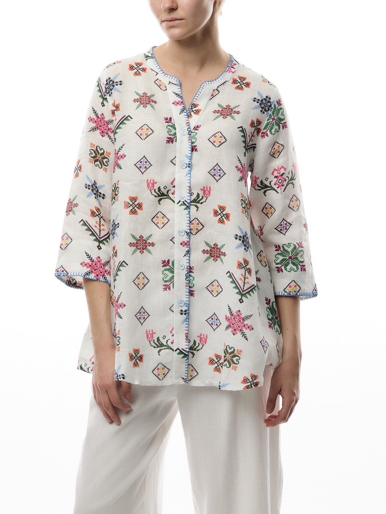 Cross Stitch Print Linen Jacket