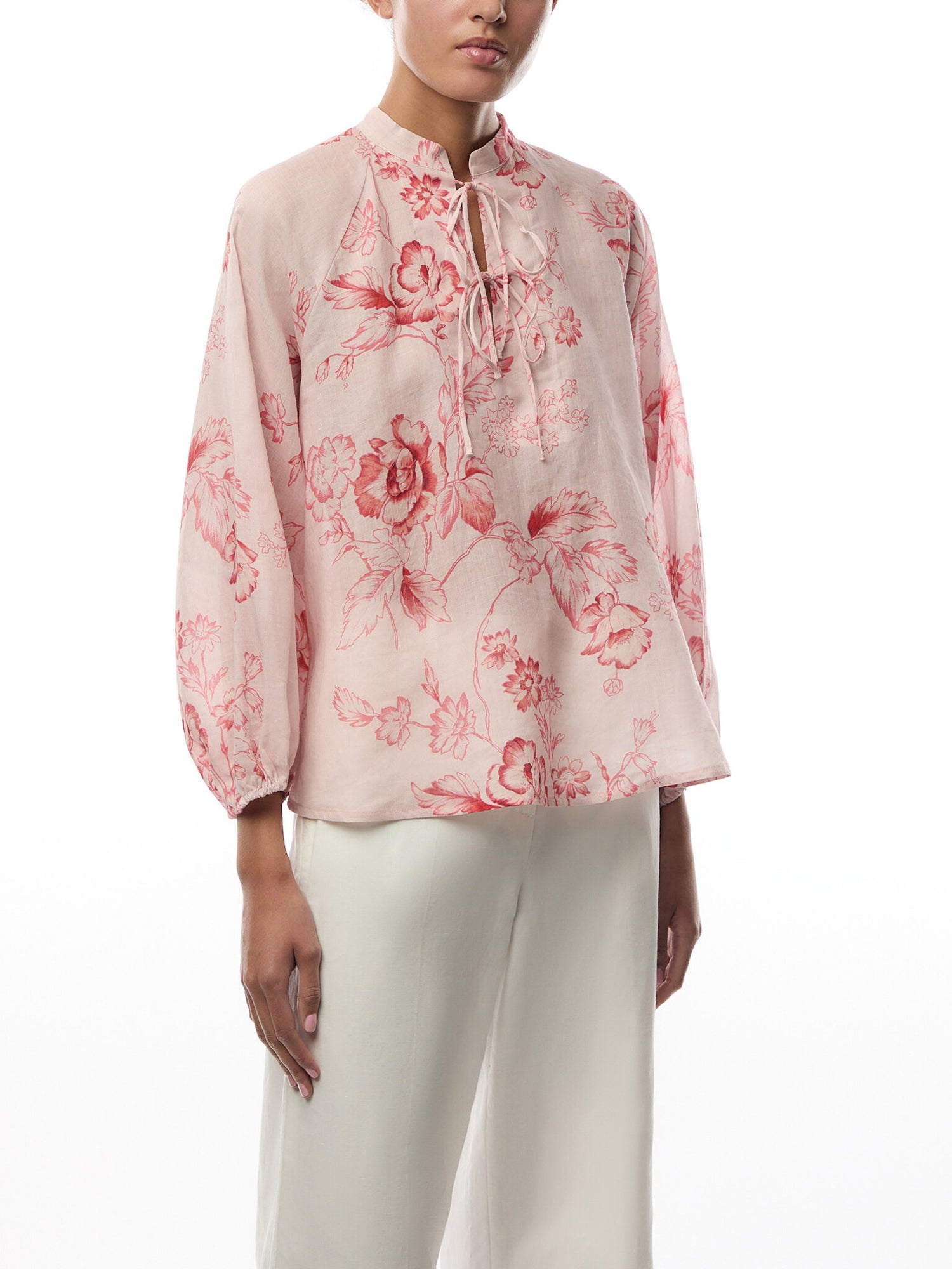 Viterbo Long Sleeve Tie Neck Top Pink Floral Print