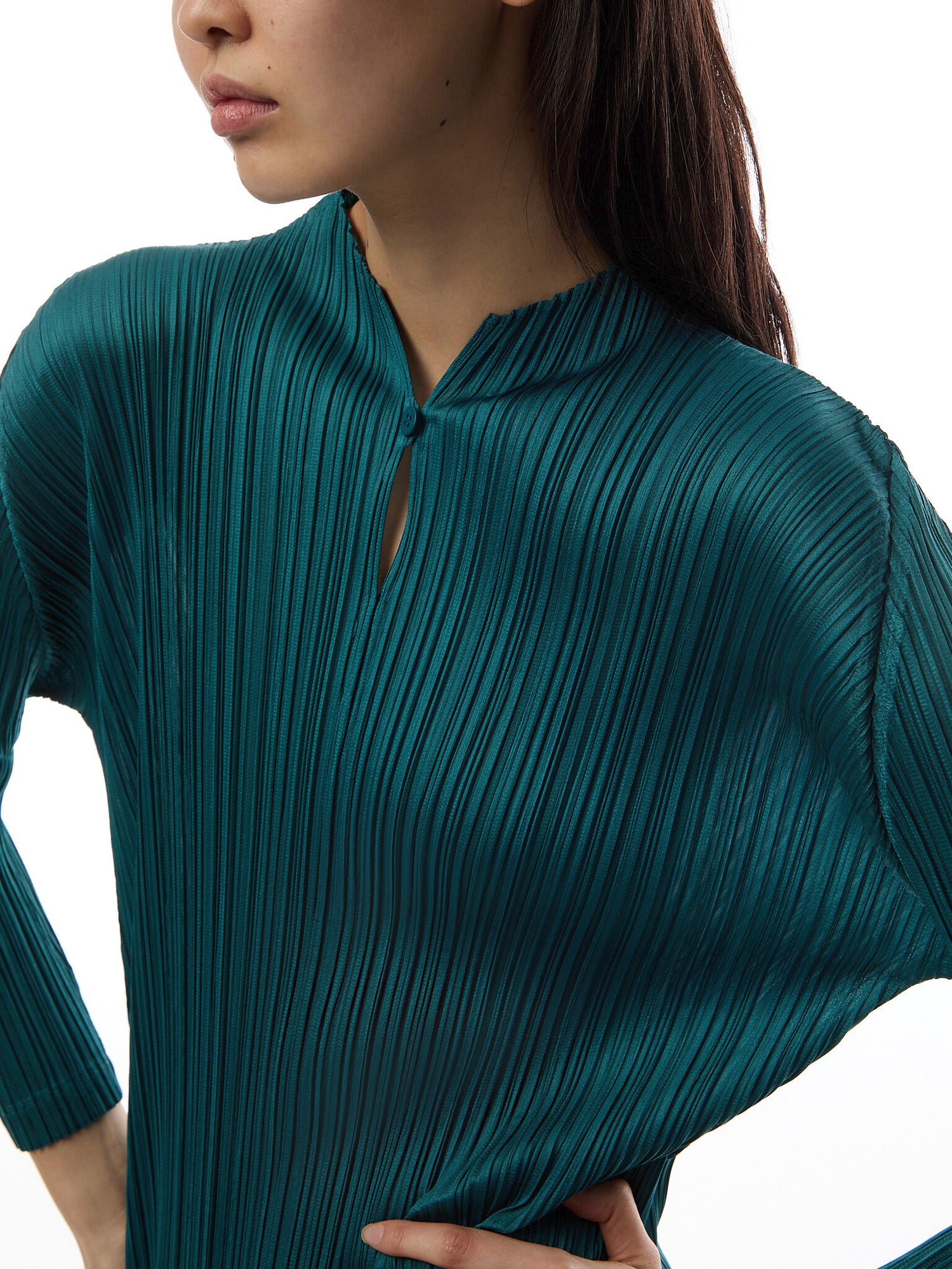 Pleats Mandarin Collar Long Sleeve Blue Green Dress