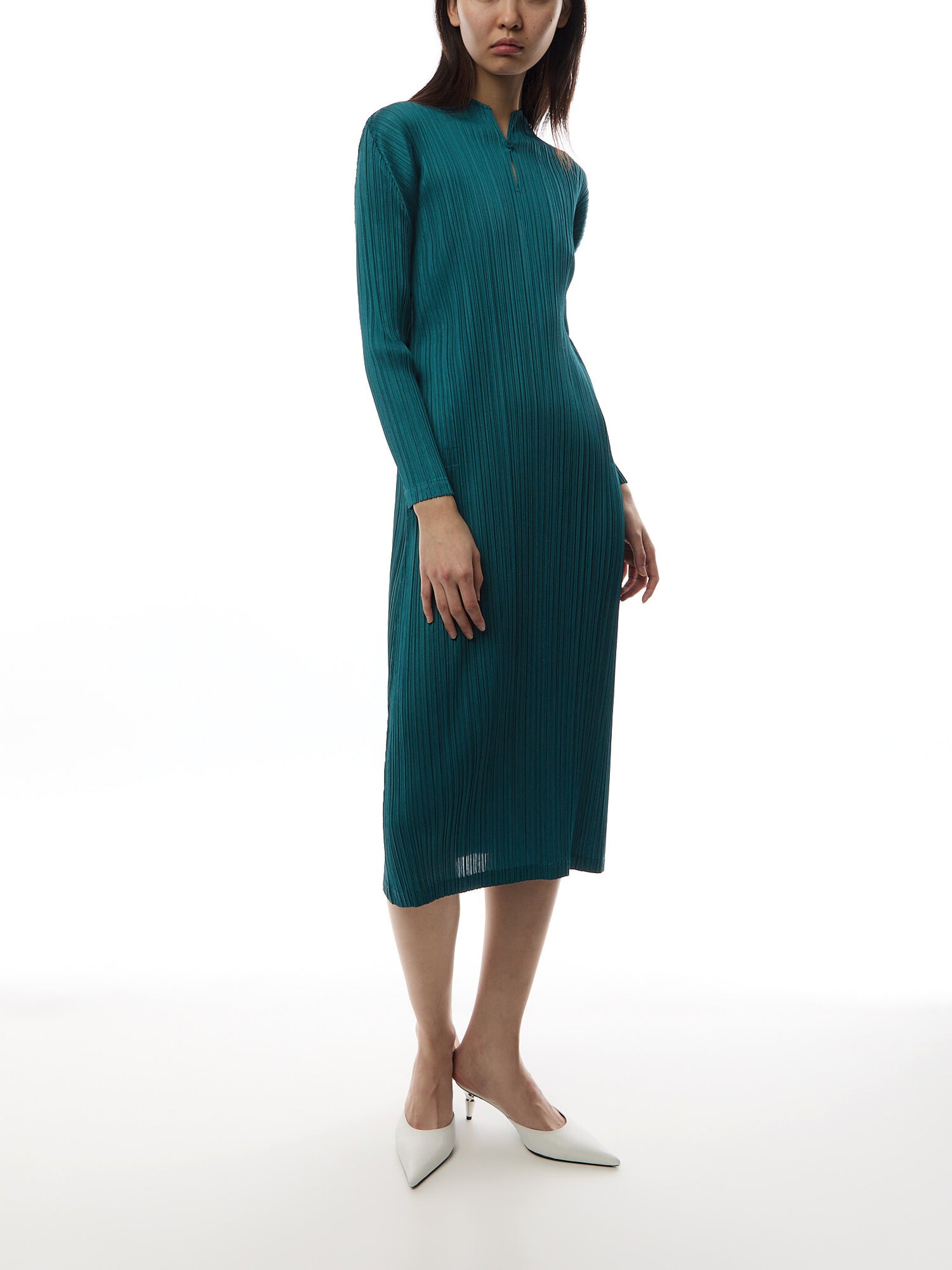 Pleats Mandarin Collar Long Sleeve Blue Green Dress