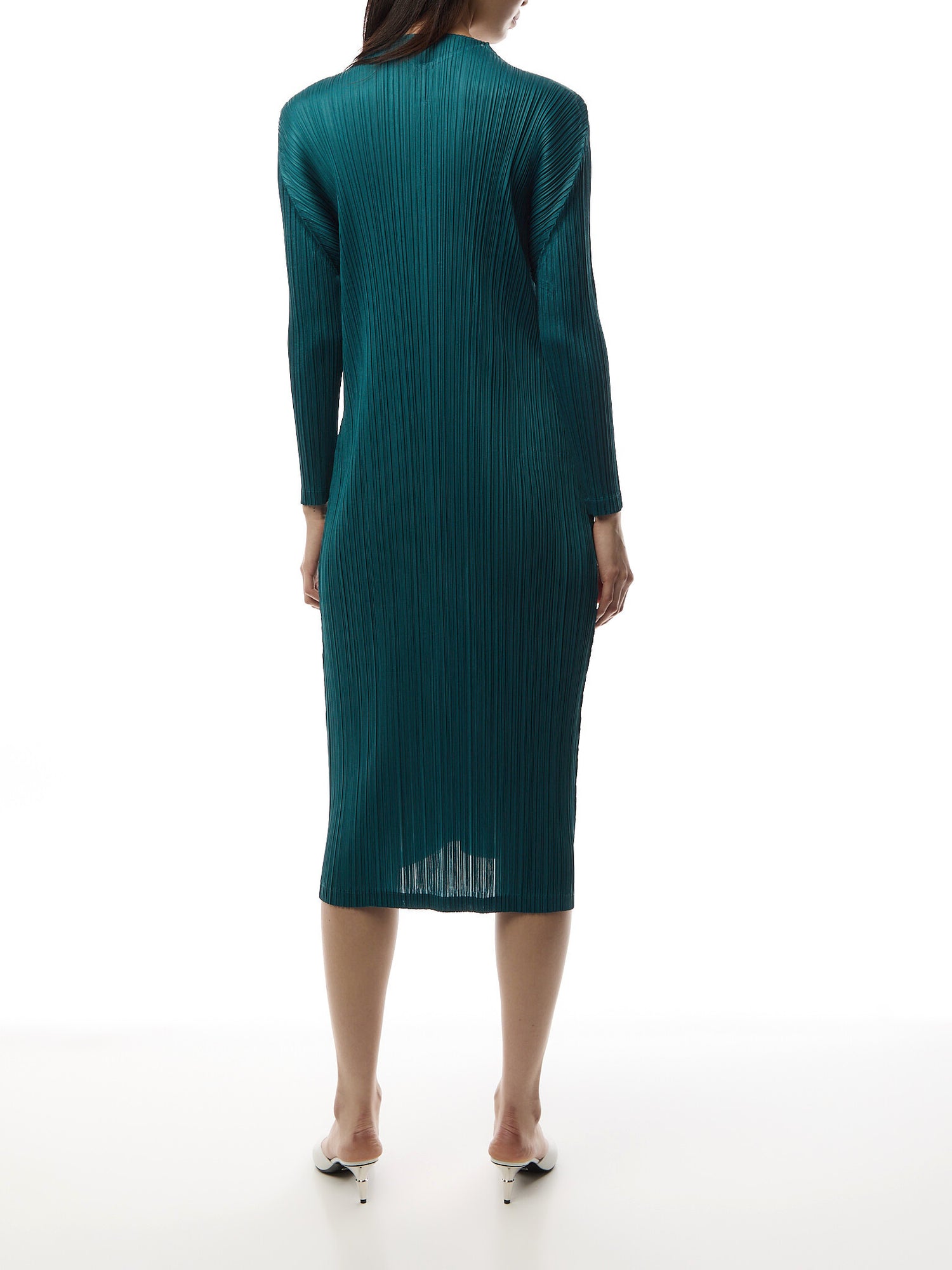 Pleats Mandarin Collar Long Sleeve Blue Green Dress
