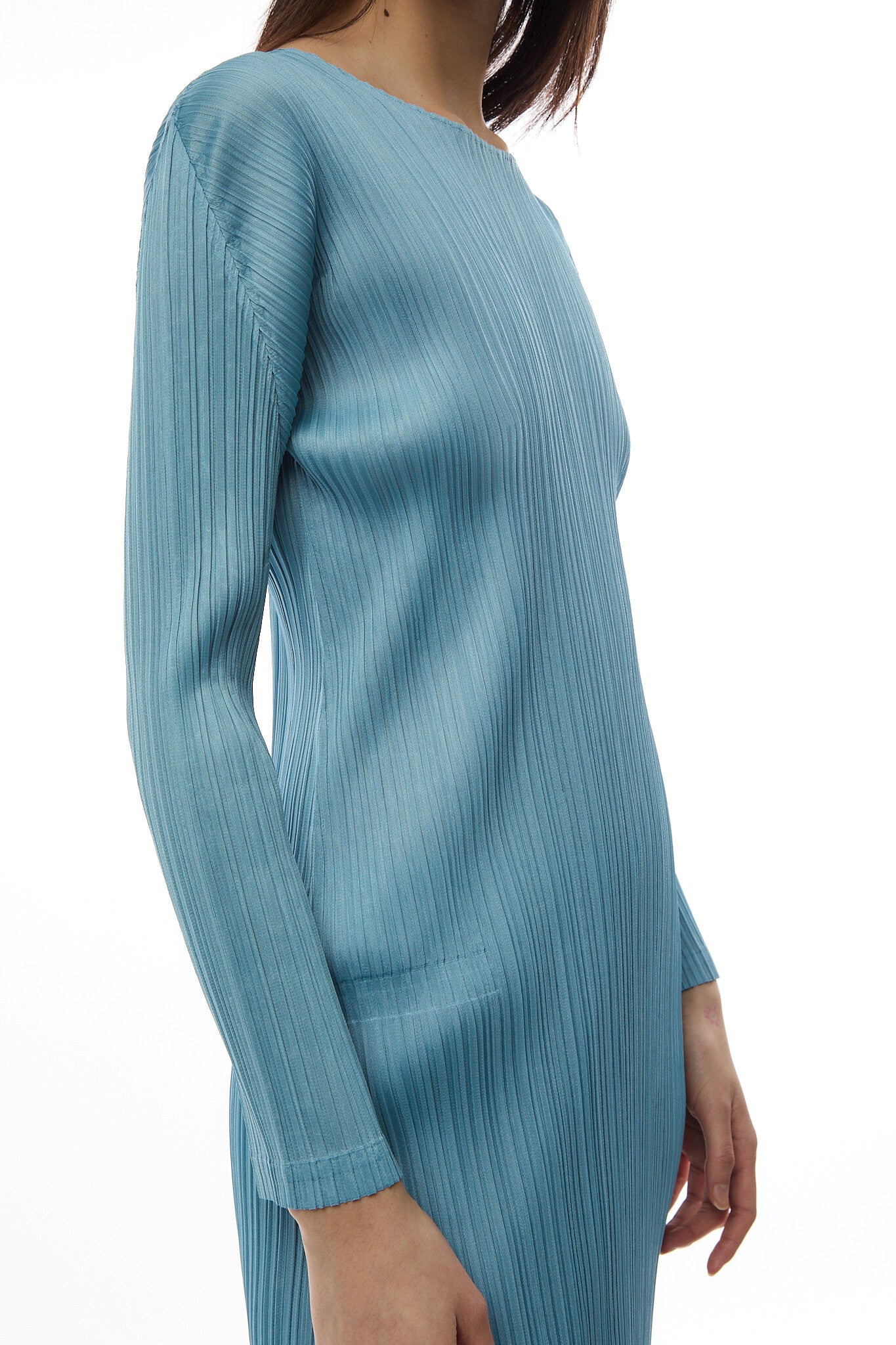 Pleats Crew Neck Long Sleeve Blue Grey Tunique