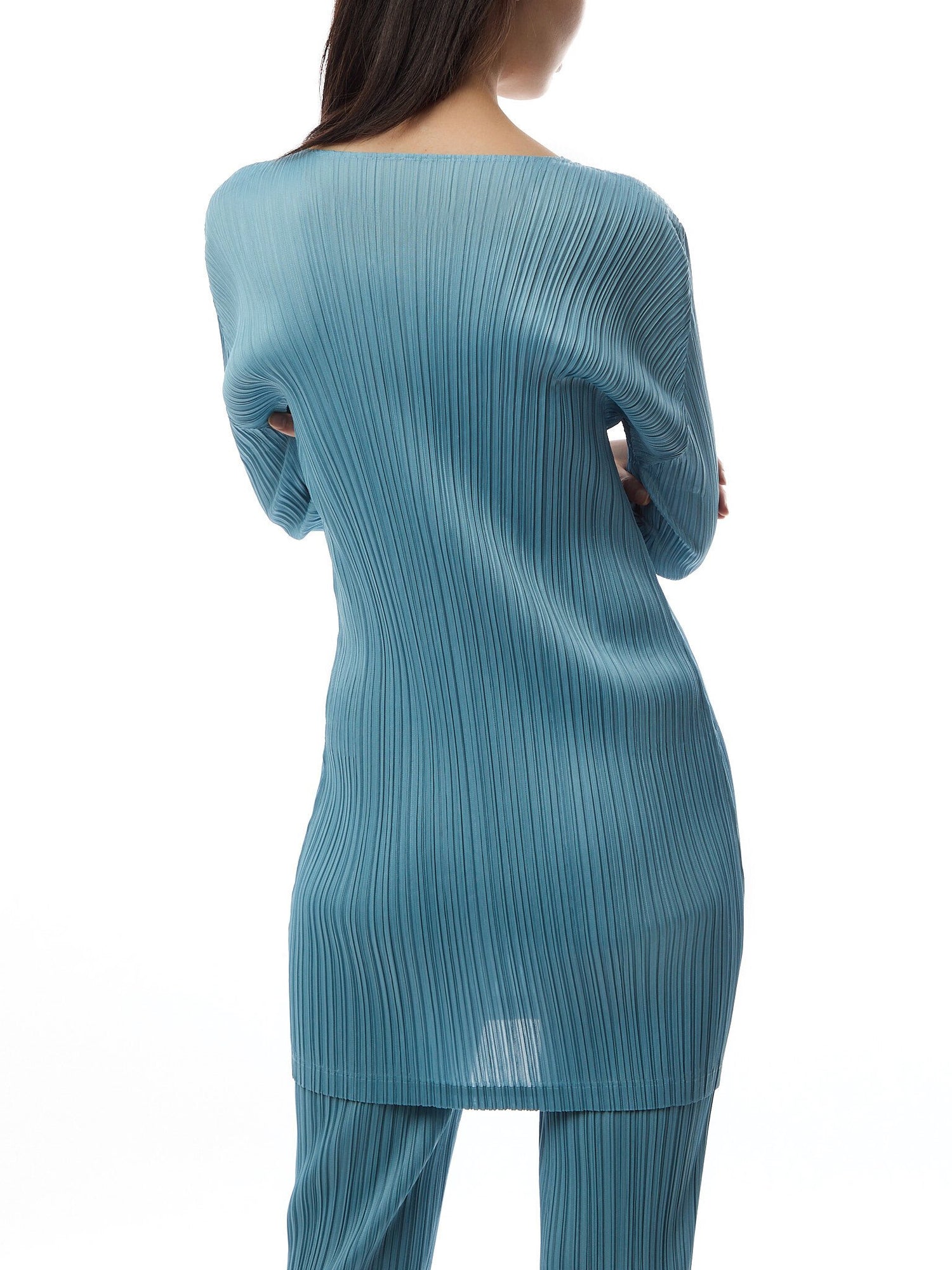 Pleats Crew Neck Long Sleeve Blue Grey Tunique