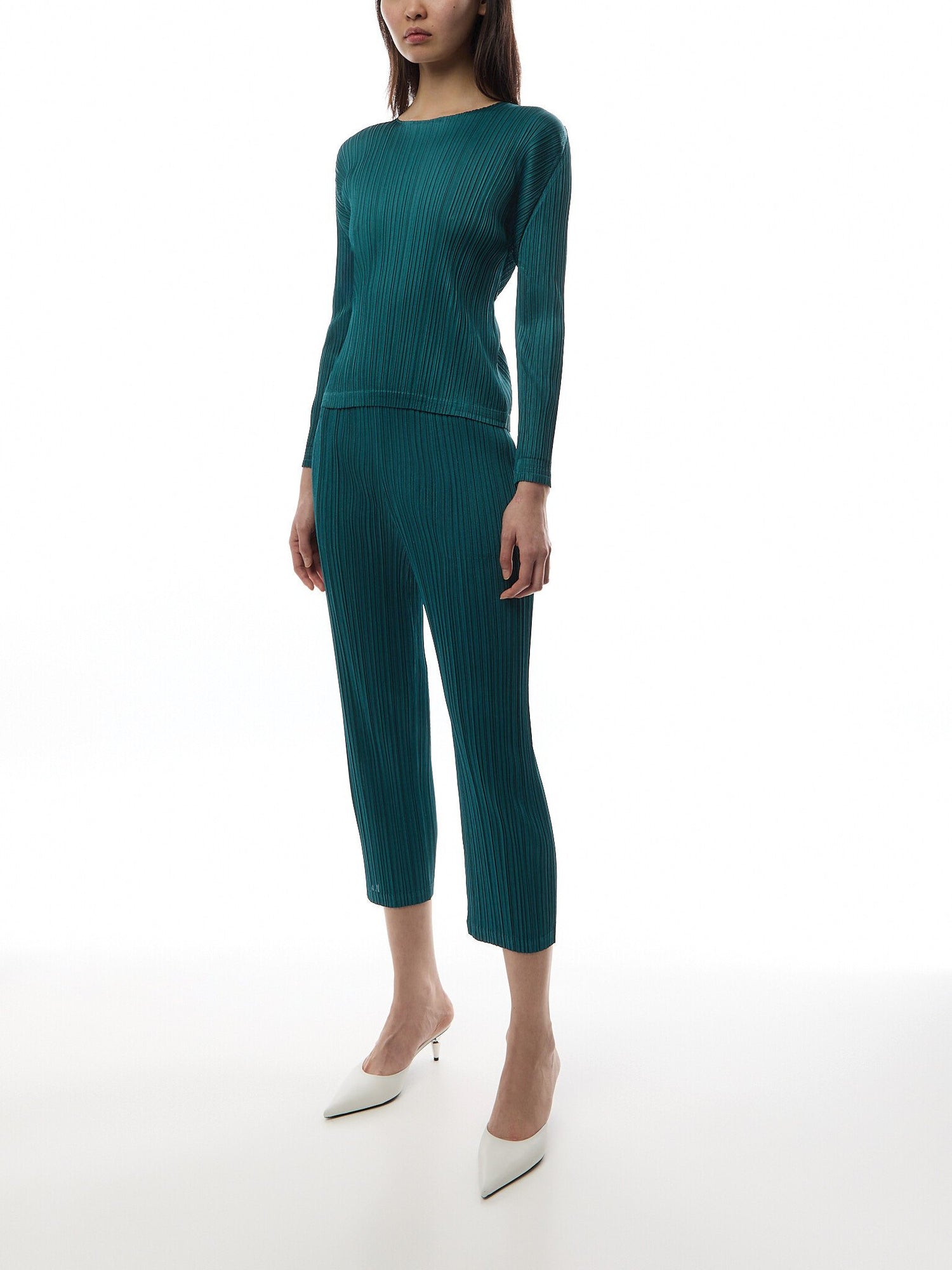 Pleats Slim Leg Blue Green Pants