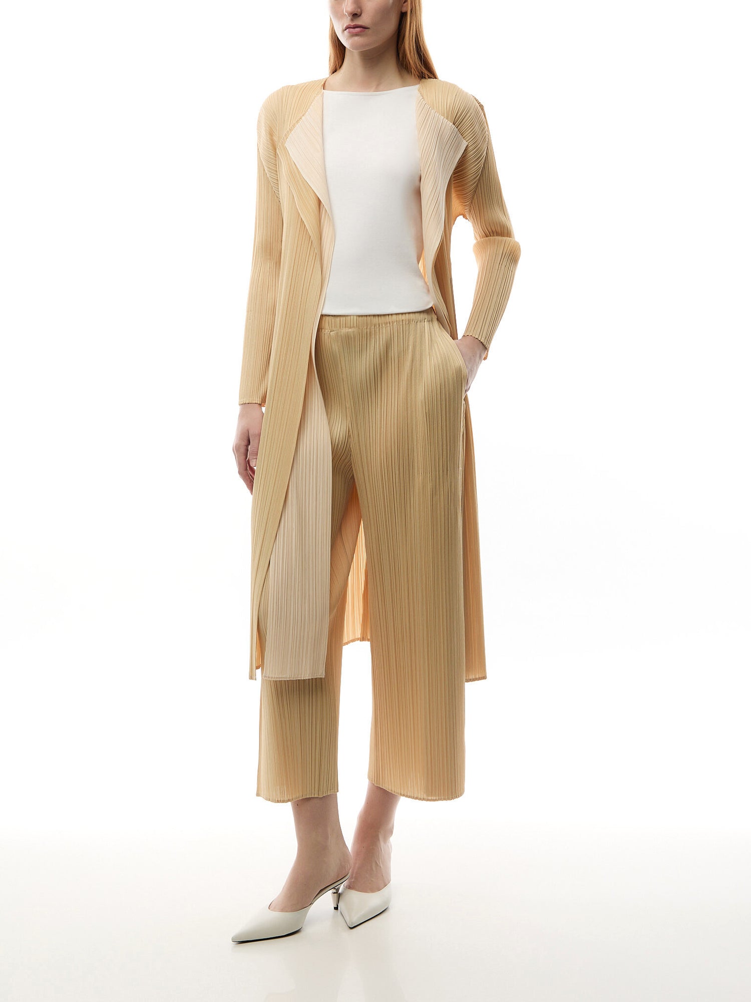 Pleats Merry Bicolour Beige Tie Cardigan Coat