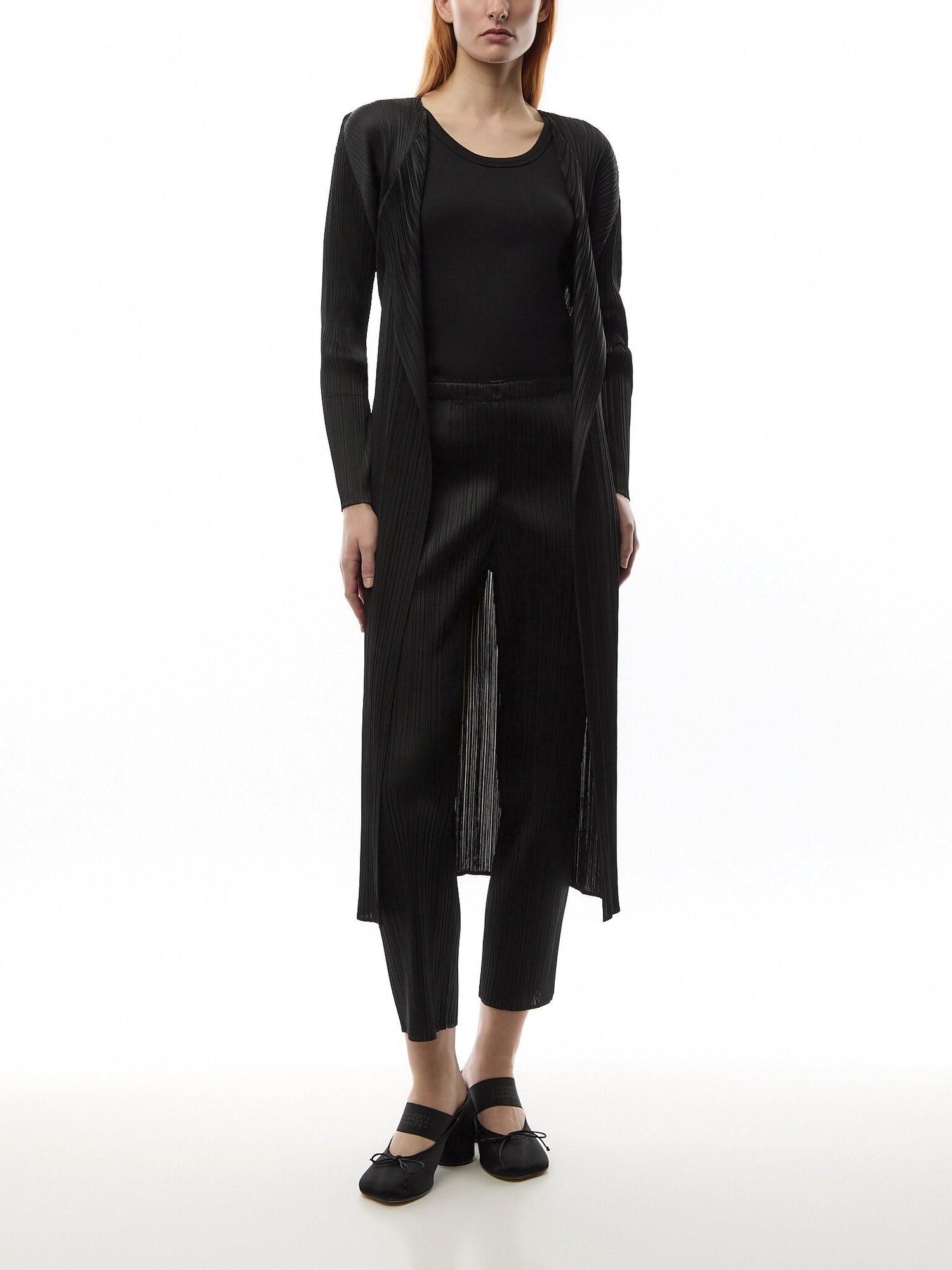 Pleats Basic Long Sleeve Blackcardigan Coat