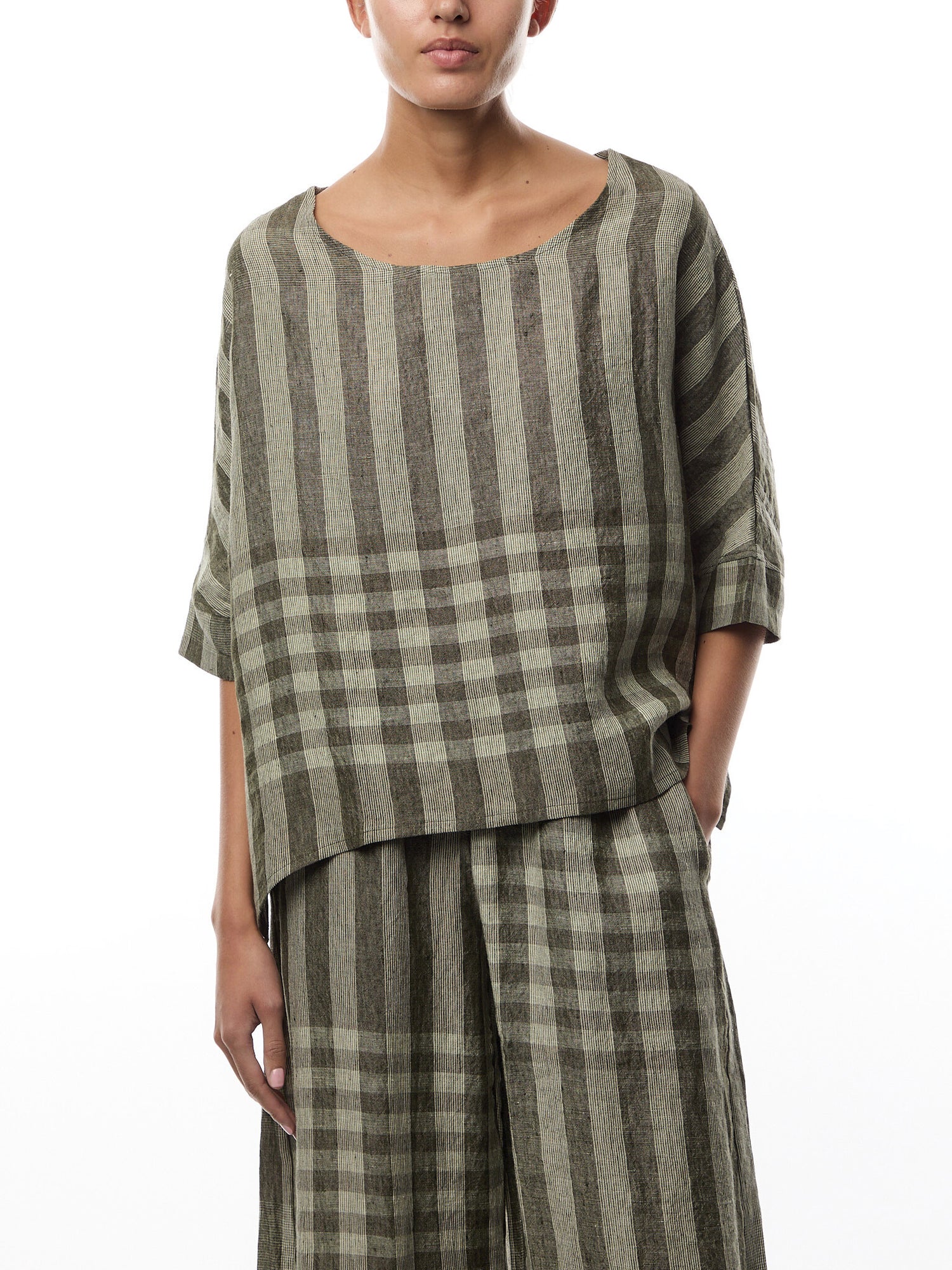 Stripe & check 3/4 Sleeve Top