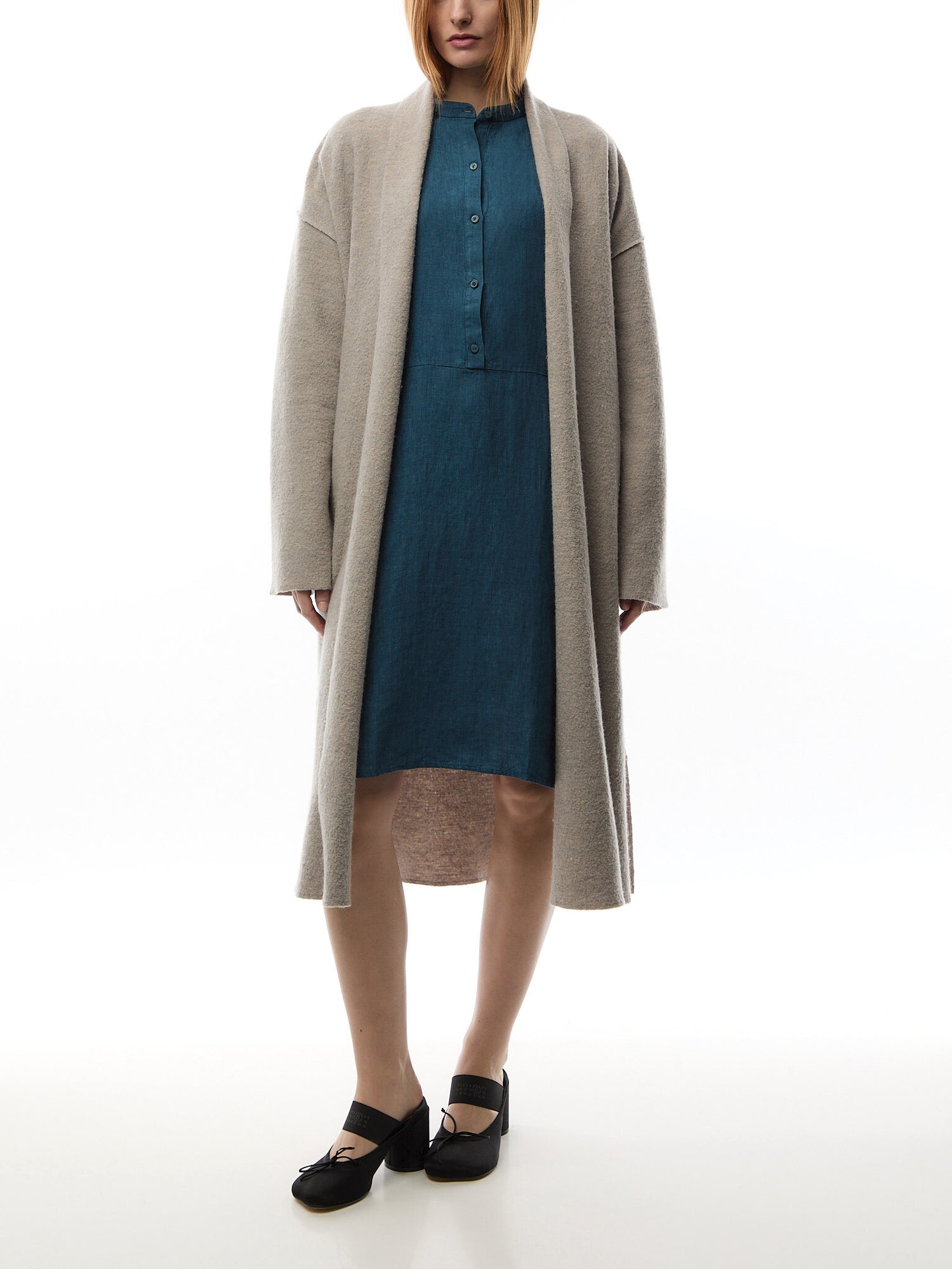 Linen Blend Mandarin Collar Shirtdress