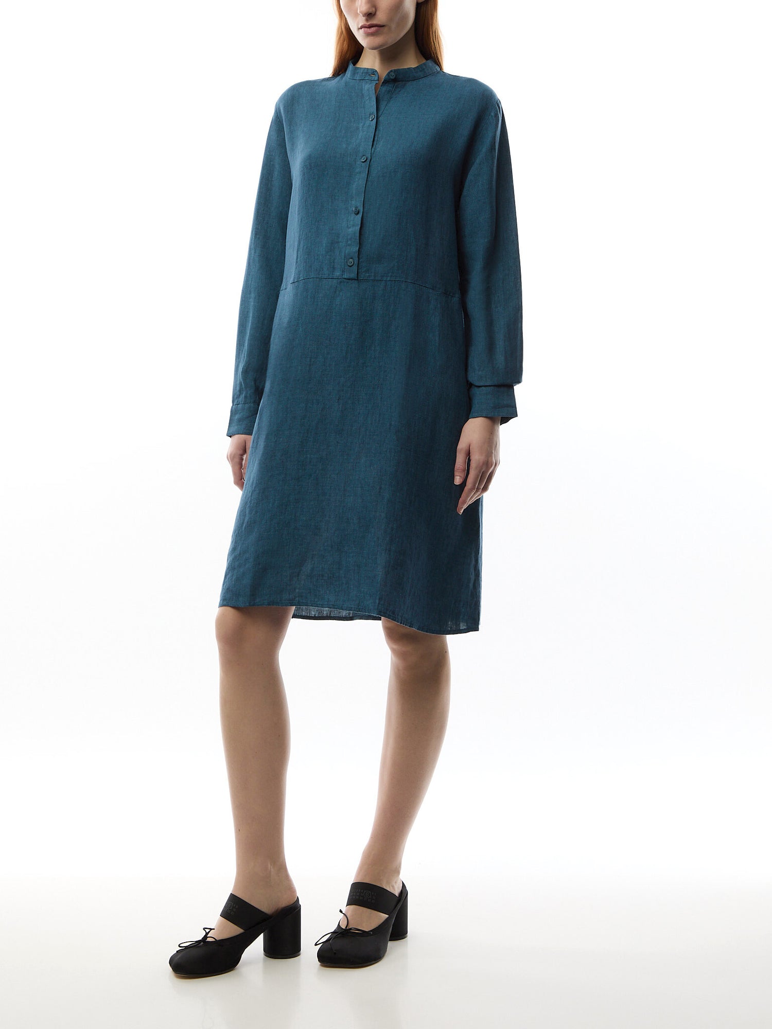 Linen Blend Mandarin Collar Shirtdress