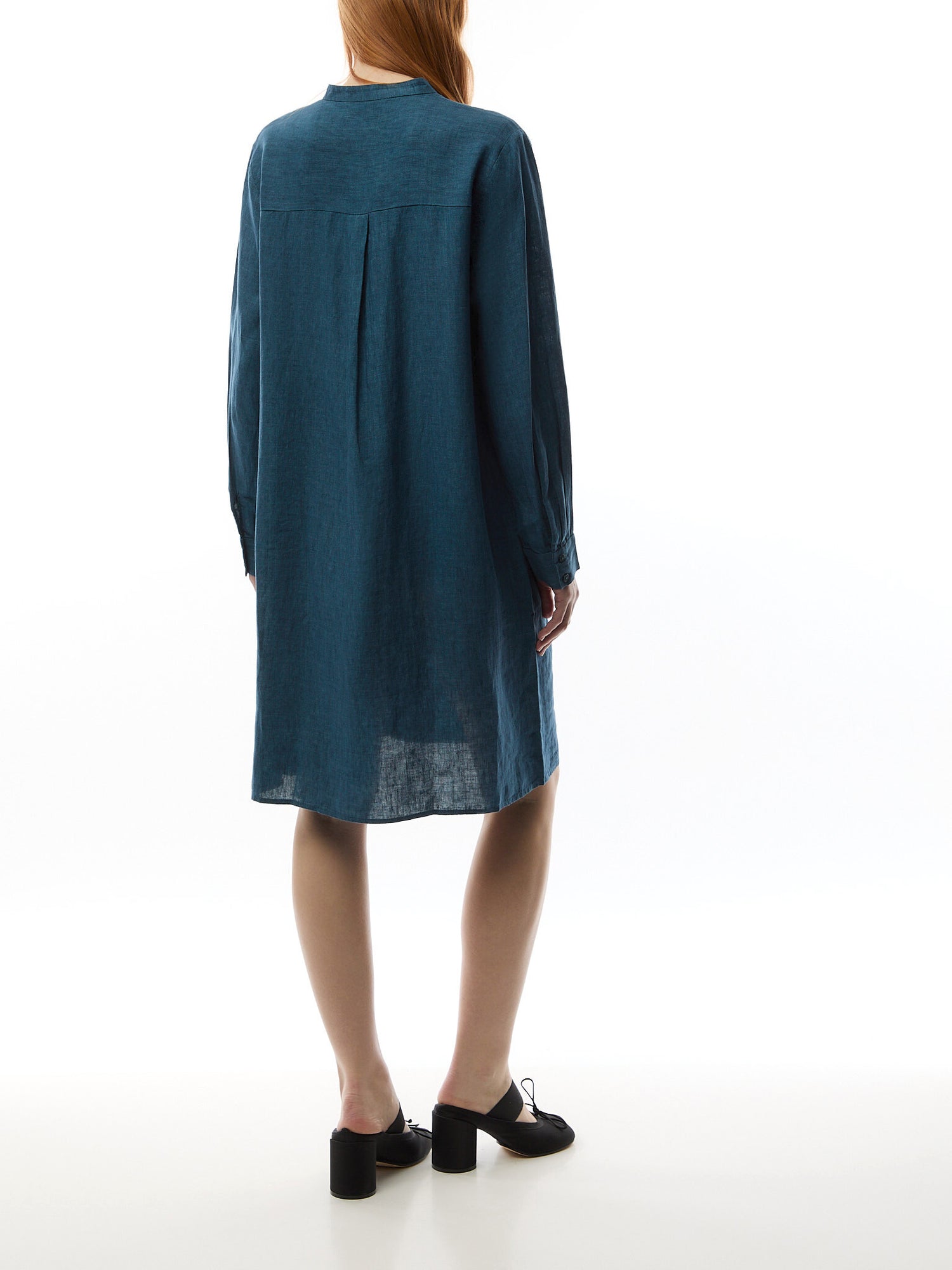 Linen Blend Mandarin Collar Shirtdress