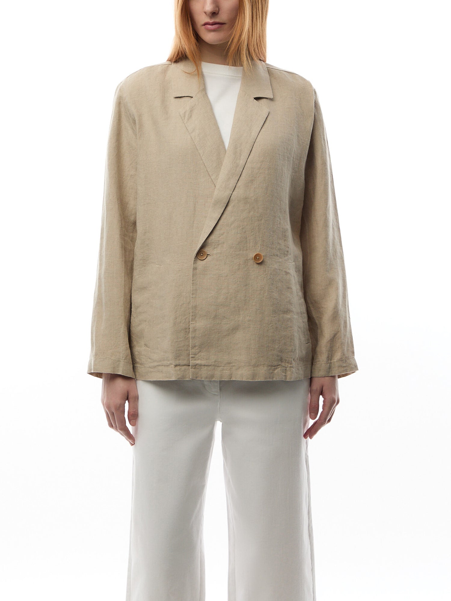 Notch Collar Double-Breasted Long Blazer linen