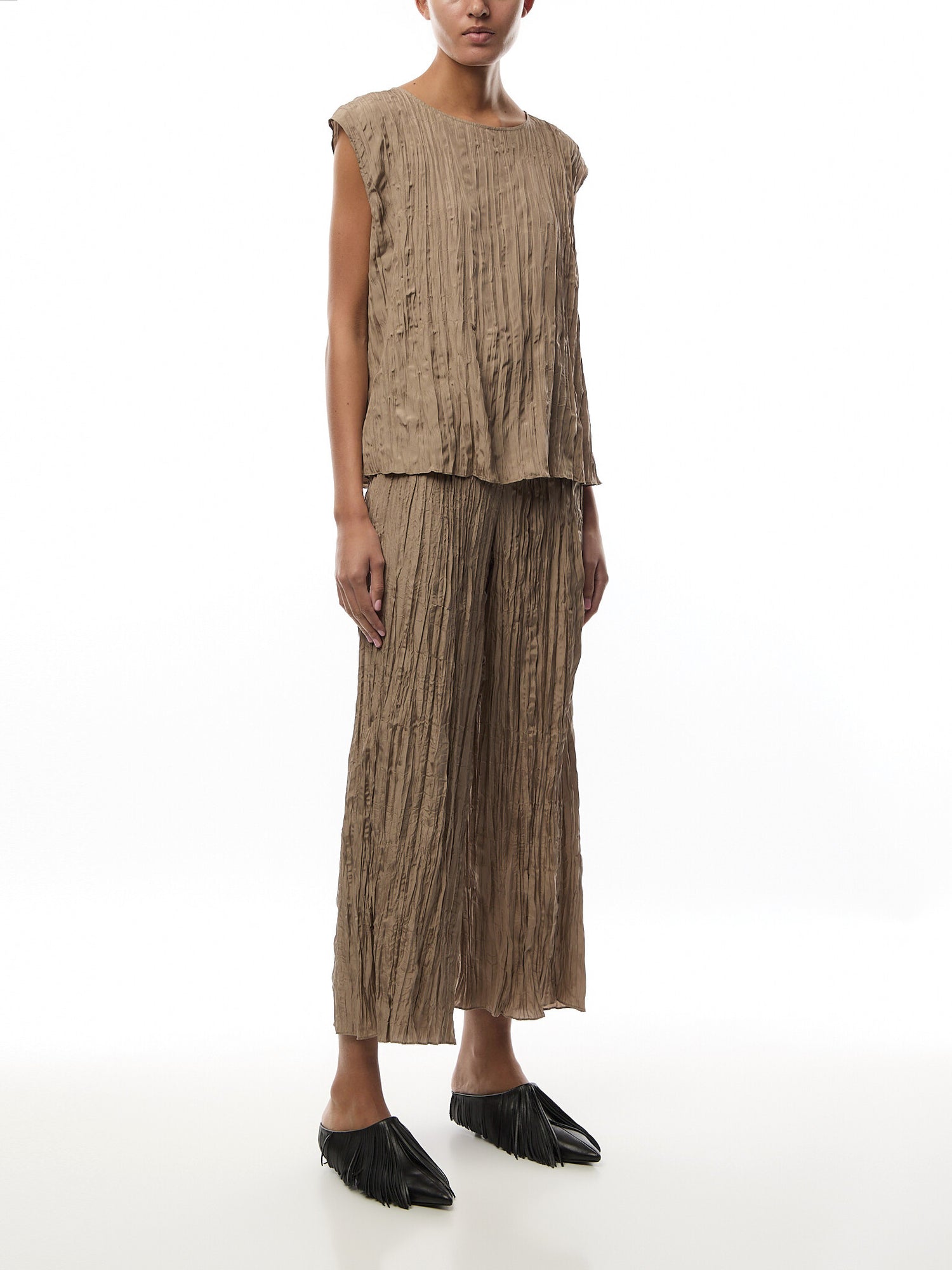 Ballet Neck Pleated Top Crushed Silk