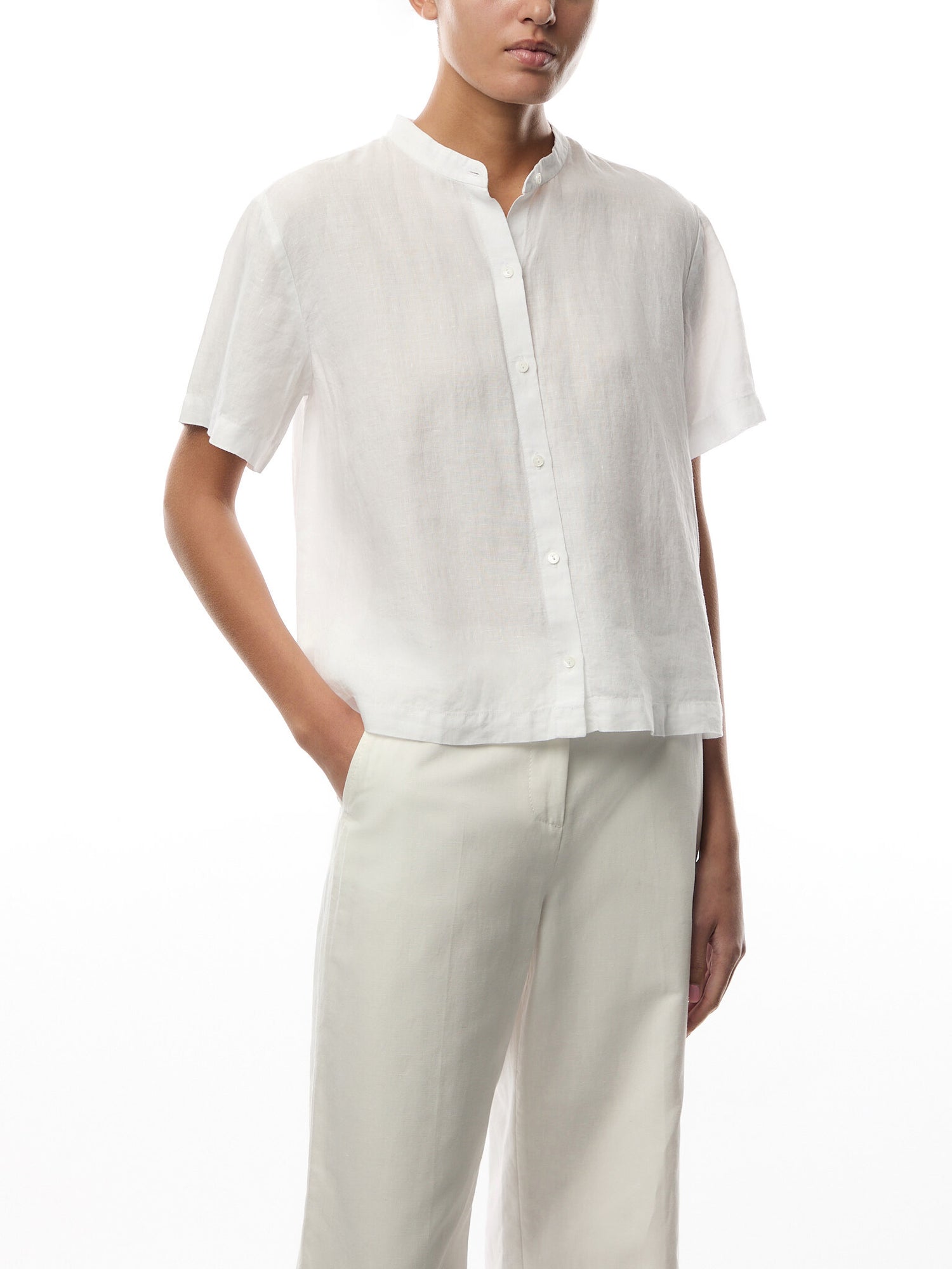 Mandarin Collar Short Slv Shirt Linen