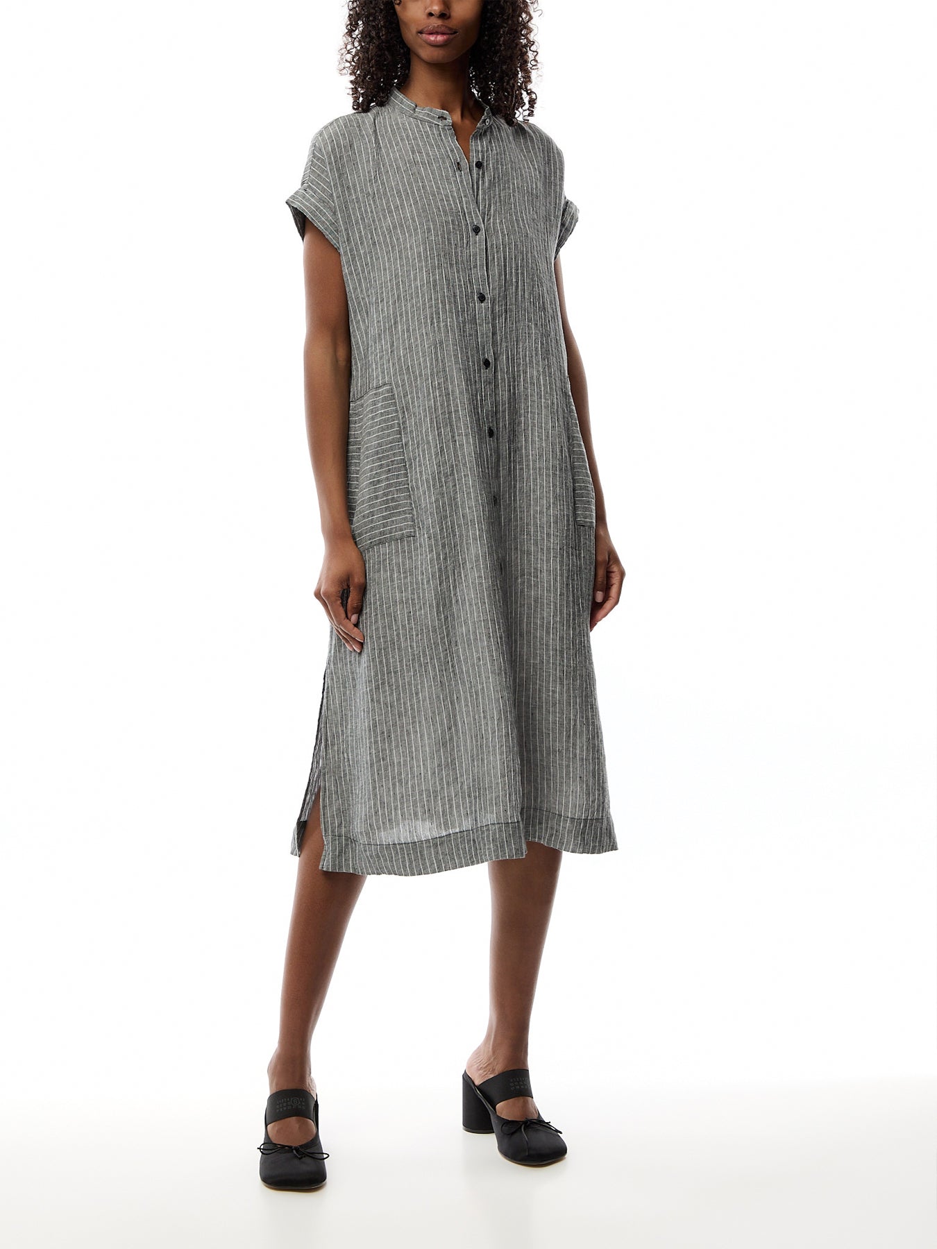Mandarin Collar Shirt Dress Puckered linen