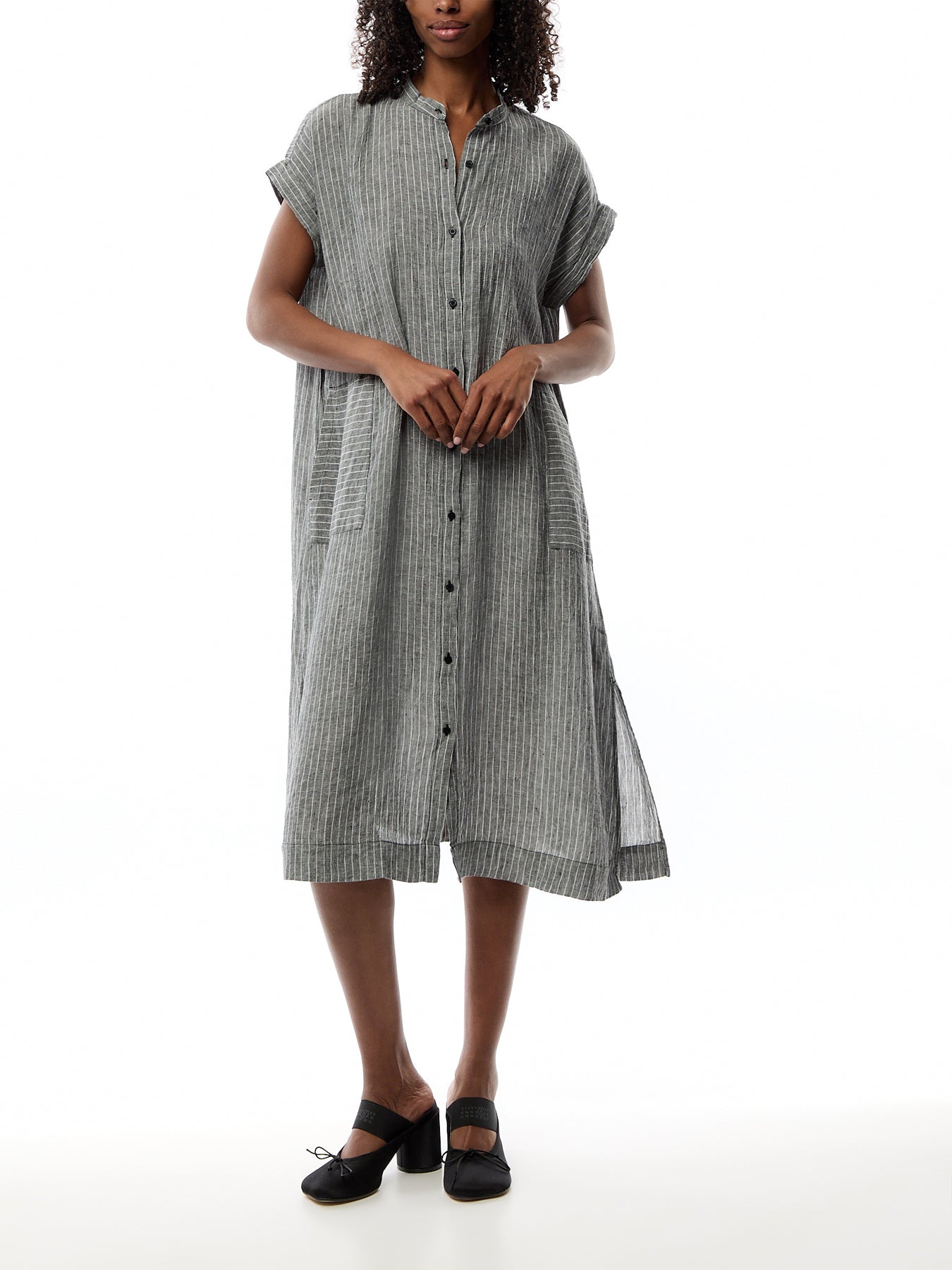 Mandarin Collar Shirt Dress Puckered linen
