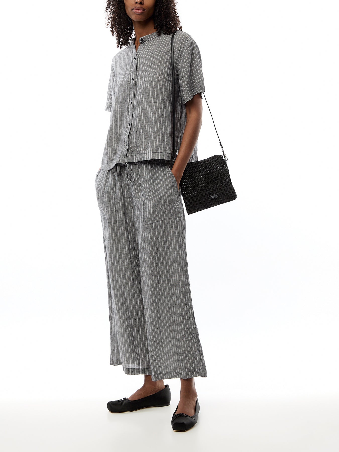 Mandarin Collar Short Slv Shirt Puckered Linen