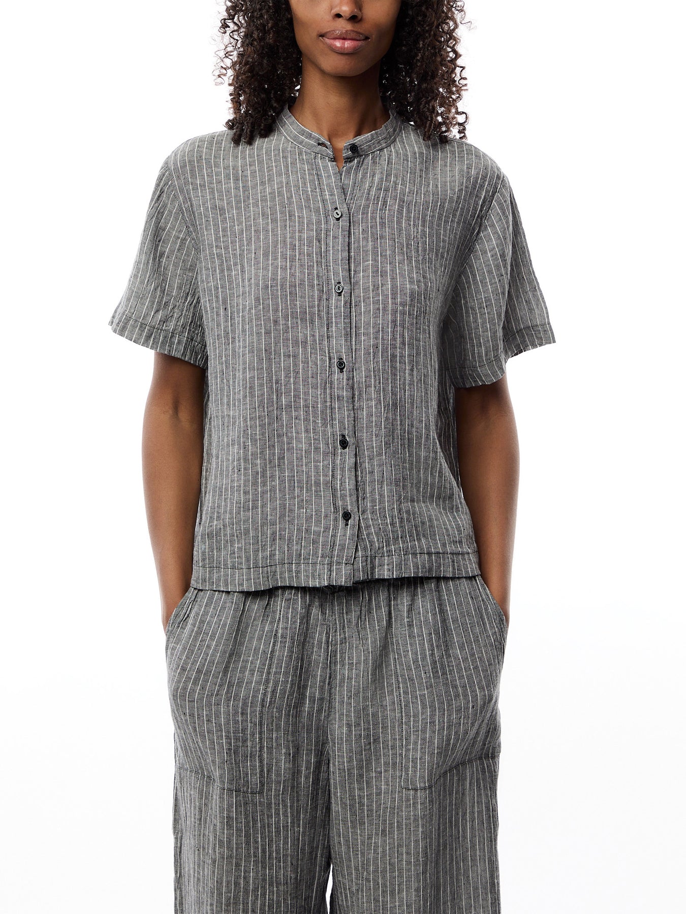 Mandarin Collar Short Slv Shirt Puckered Linen