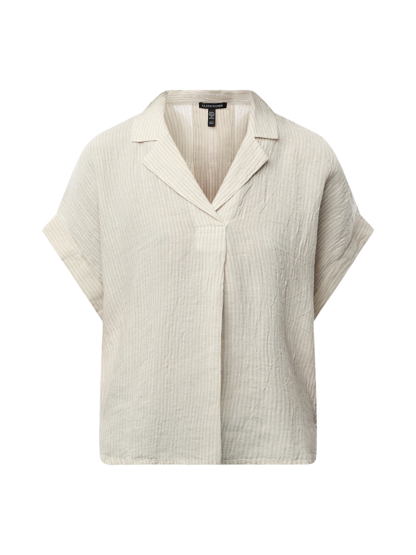 Notch Collar Top W/ Cuffed Cap Slv Linen Stripe