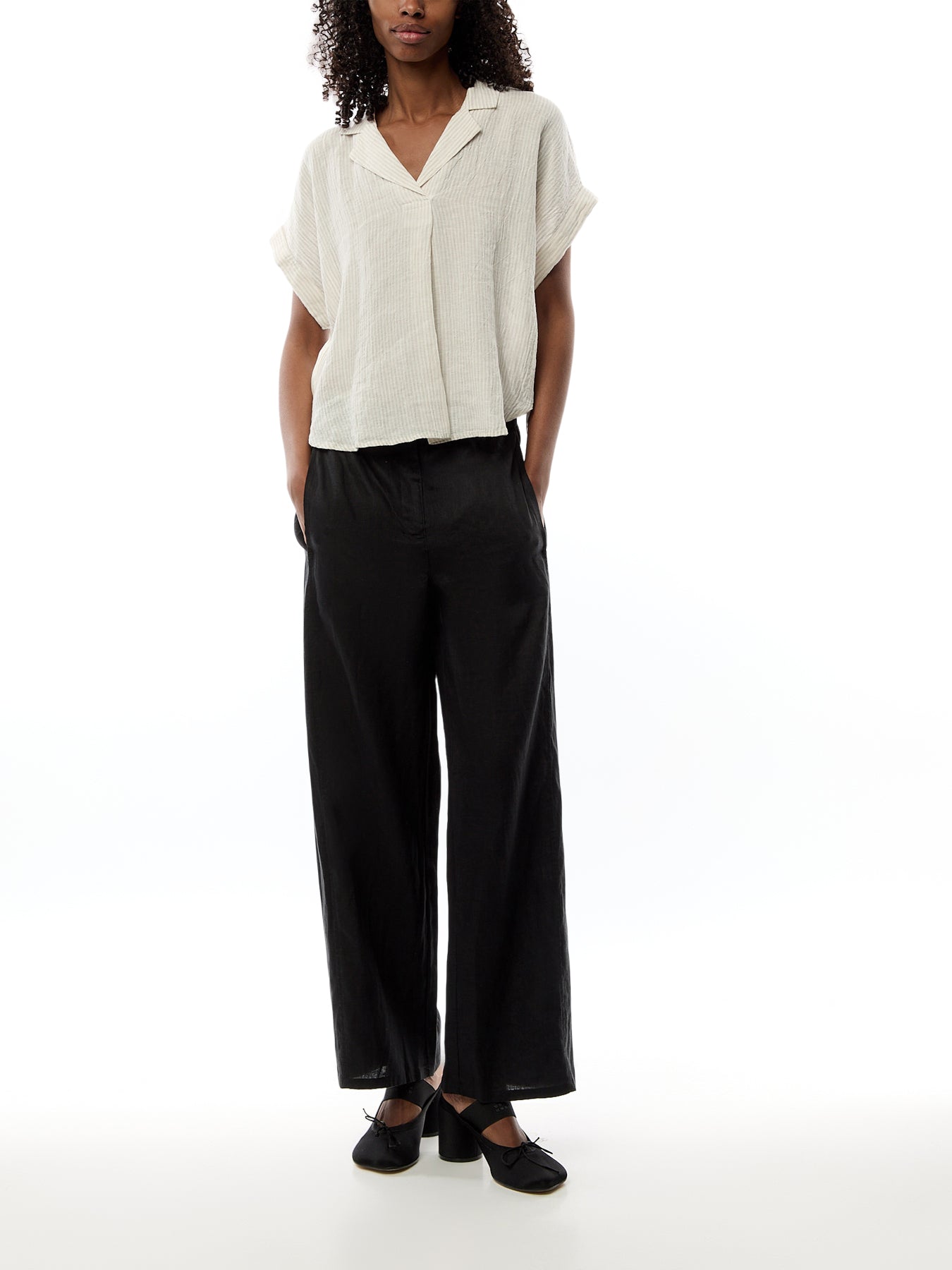 Notch Collar Top W/ Cuffed Cap Slv Linen Stripe