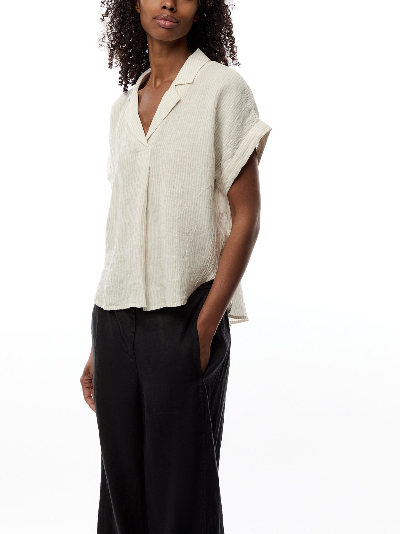 Notch Collar Top W/ Cuffed Cap Slv Linen Stripe