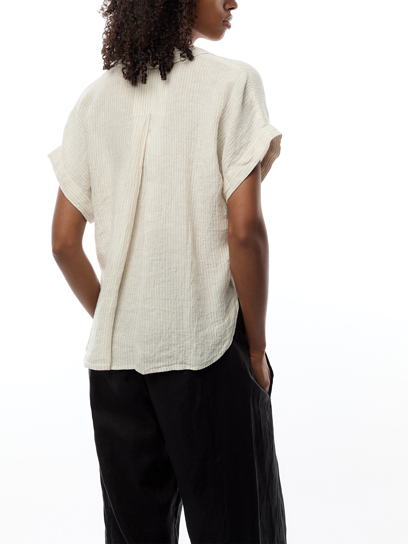 Notch Collar Top W/ Cuffed Cap Slv Linen Stripe