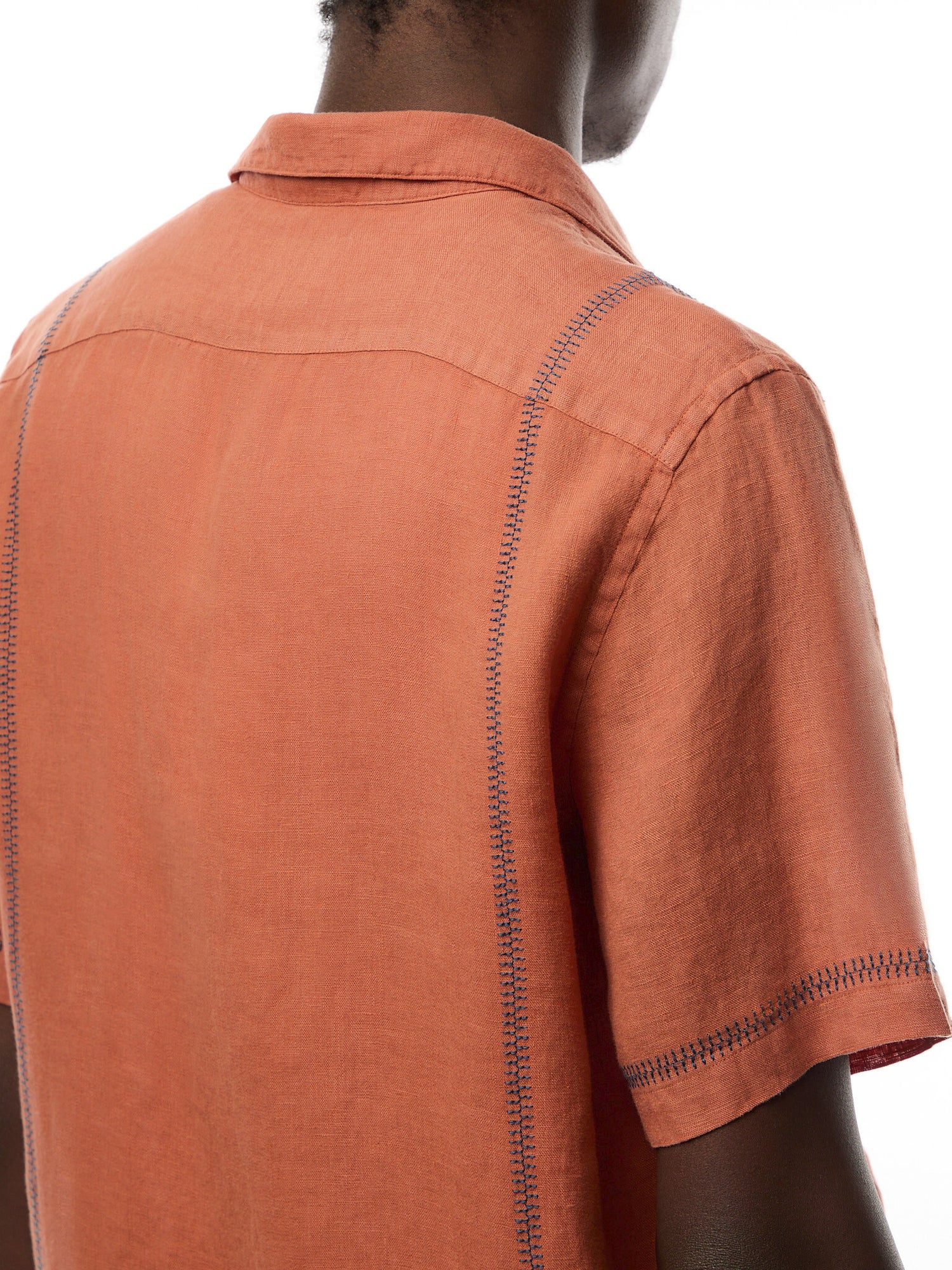 Linen Open Collar S/S Imbroided Shirt